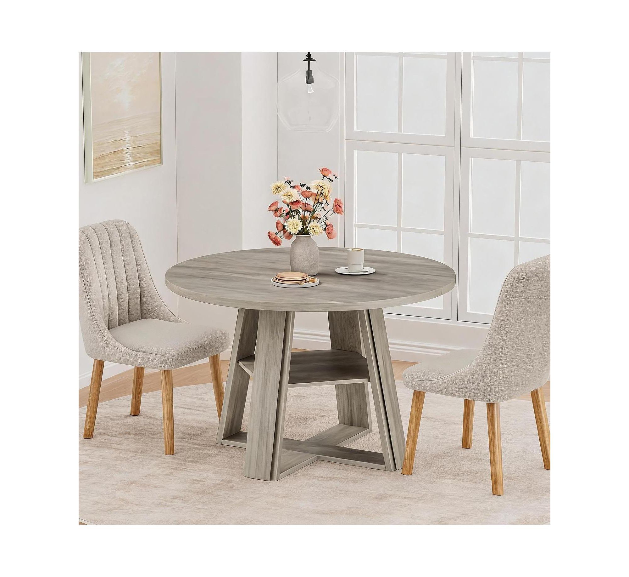43.3 Inch Round Dining Table Set with Upholstered Chairs, Wood Kitchen Table