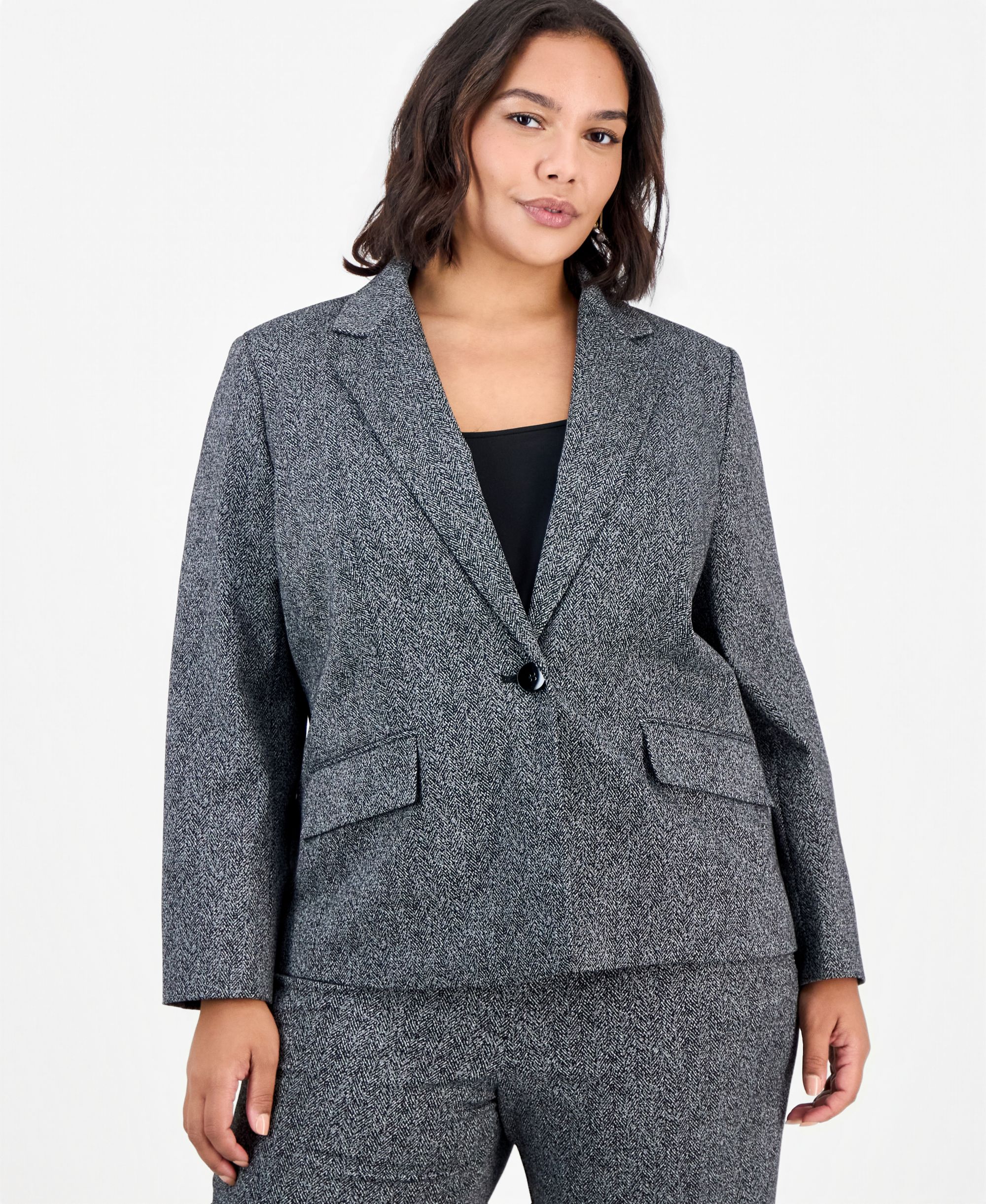 Plus Size Notch-Collar Long-Sleeve Geometric Blazer