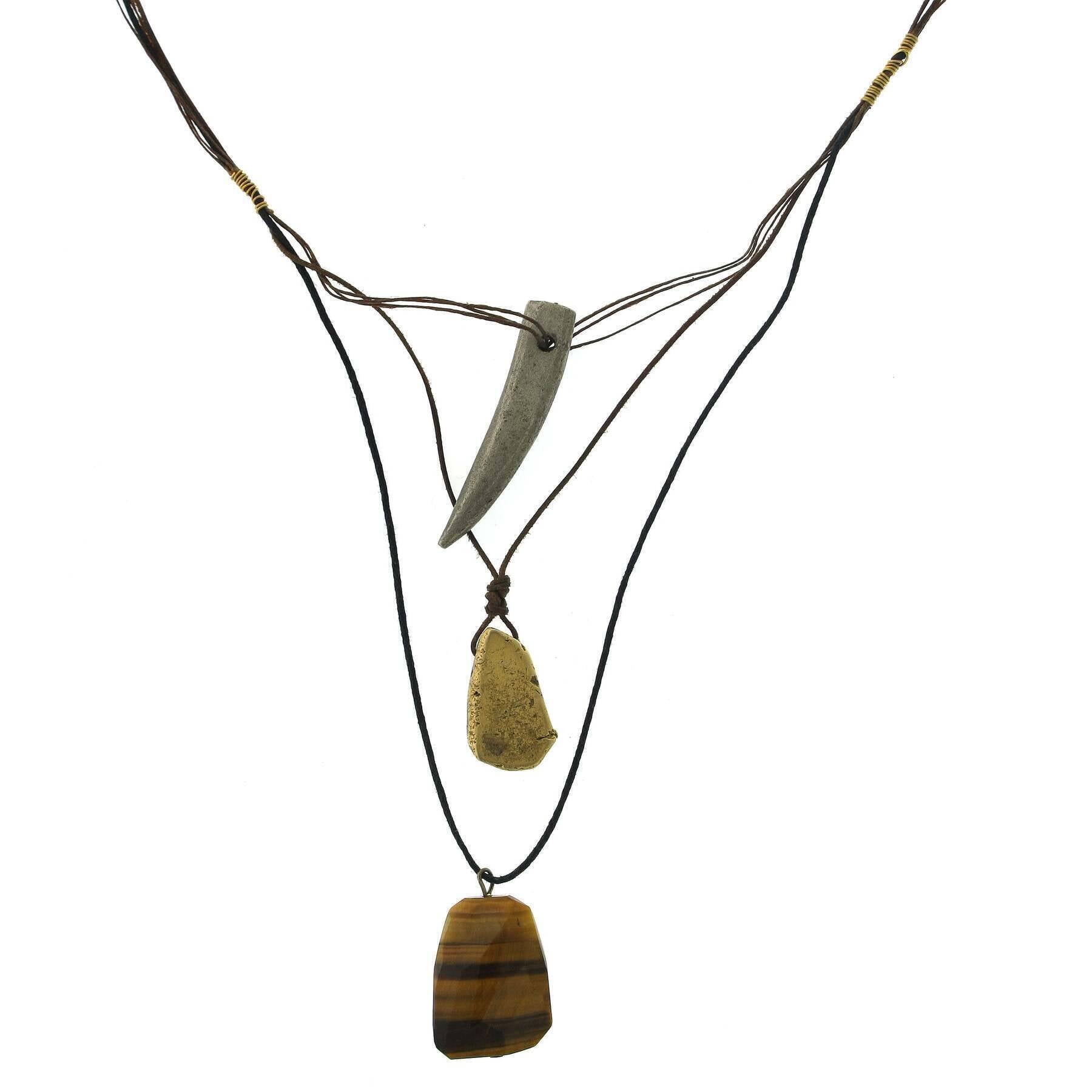 Waxed Linen Wire 3 Drop With Gemstone Tigers Eye Y-Pendant Necklace 28"