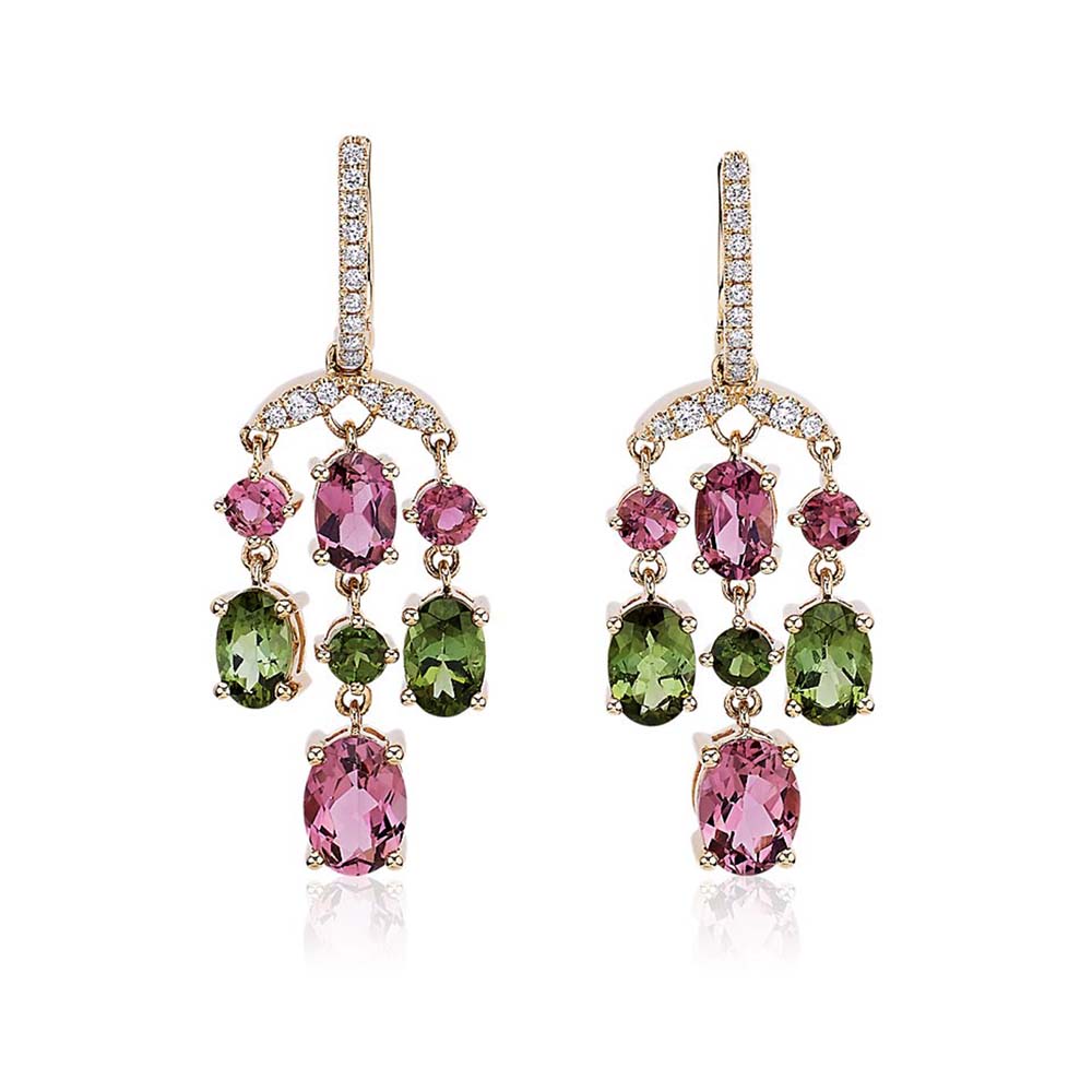 Pink And Green Tourmaline Chandelier Earrings In 14k Yellow Gold