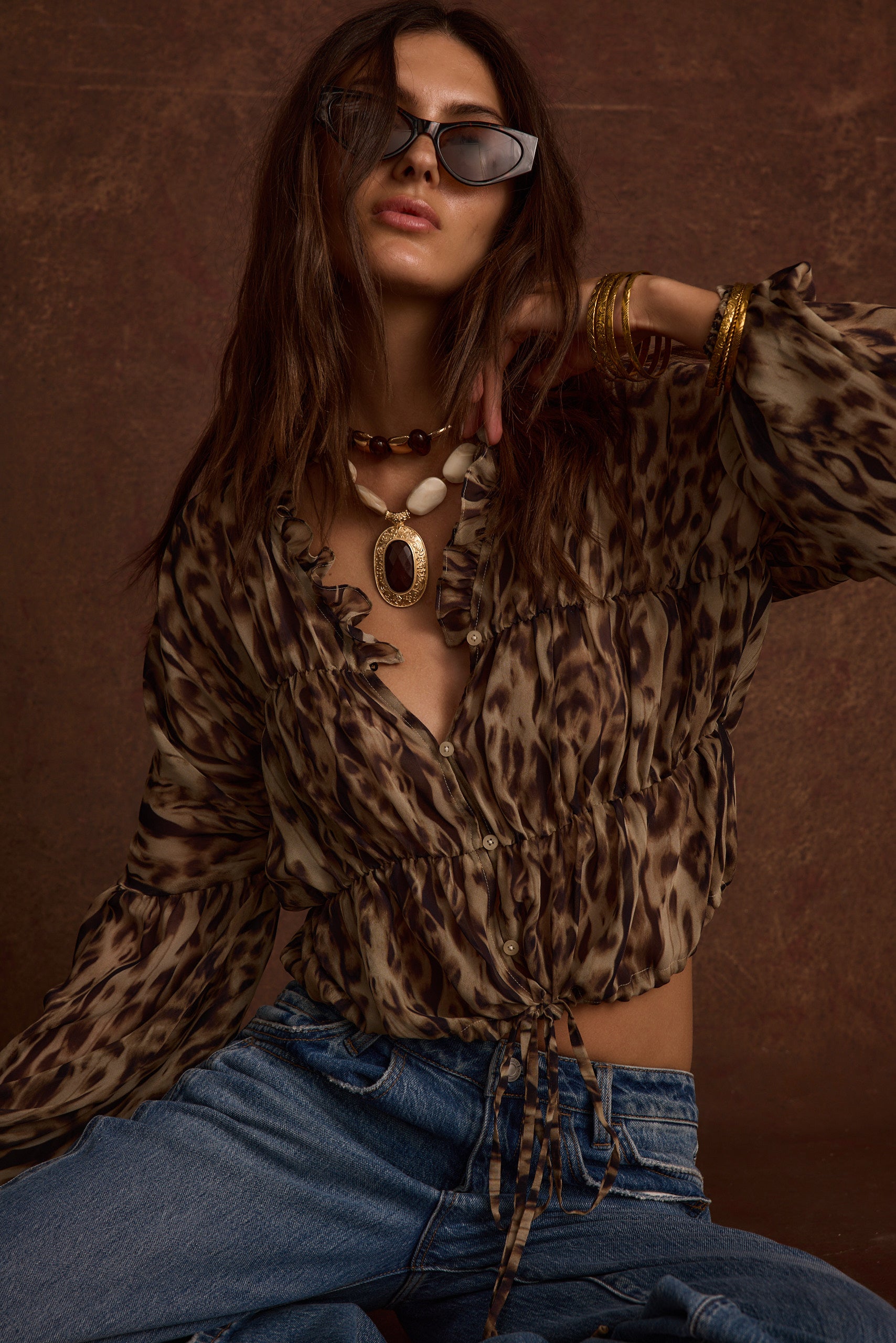 Alba Leopard Chiffon Long Sleeve Blouse