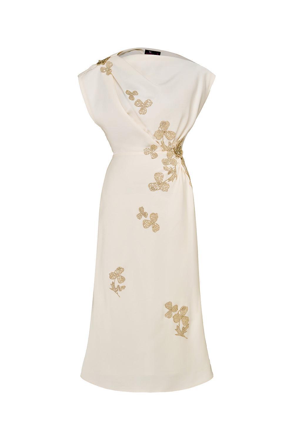 Posy Sheath Asymmetric Neck Taffeta Midi Dress