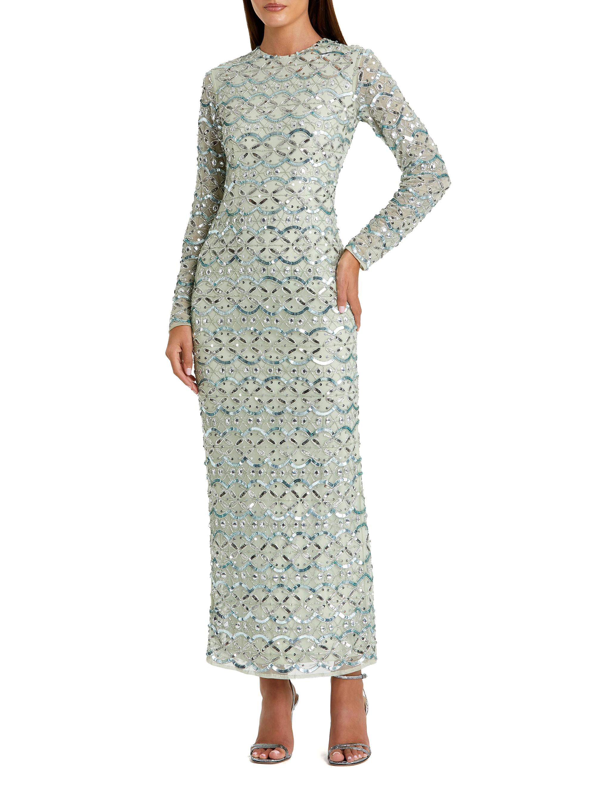 Geometric Embellished Mesh Column Gown