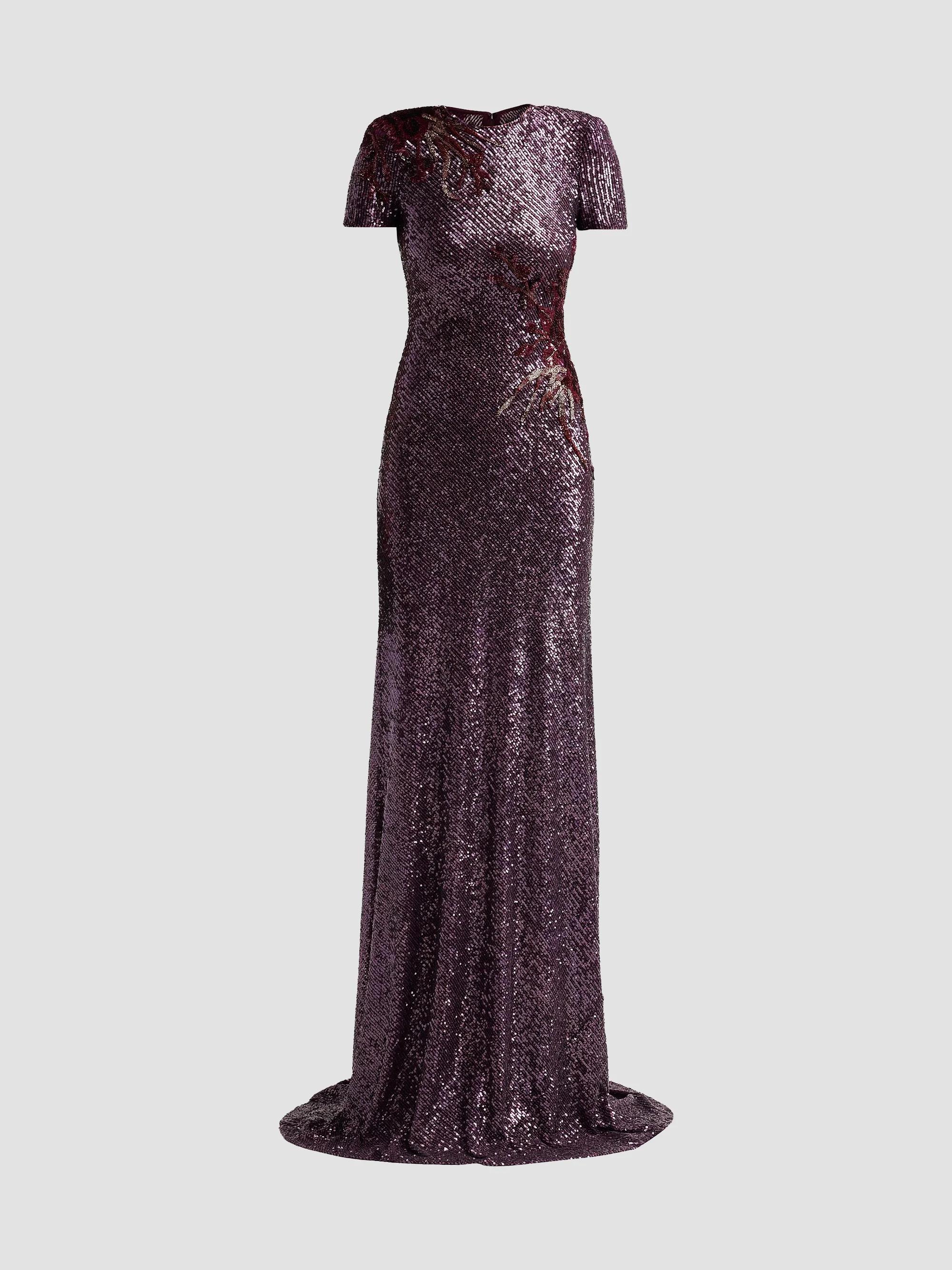 Sequined Beaded Flower A-Line Gown