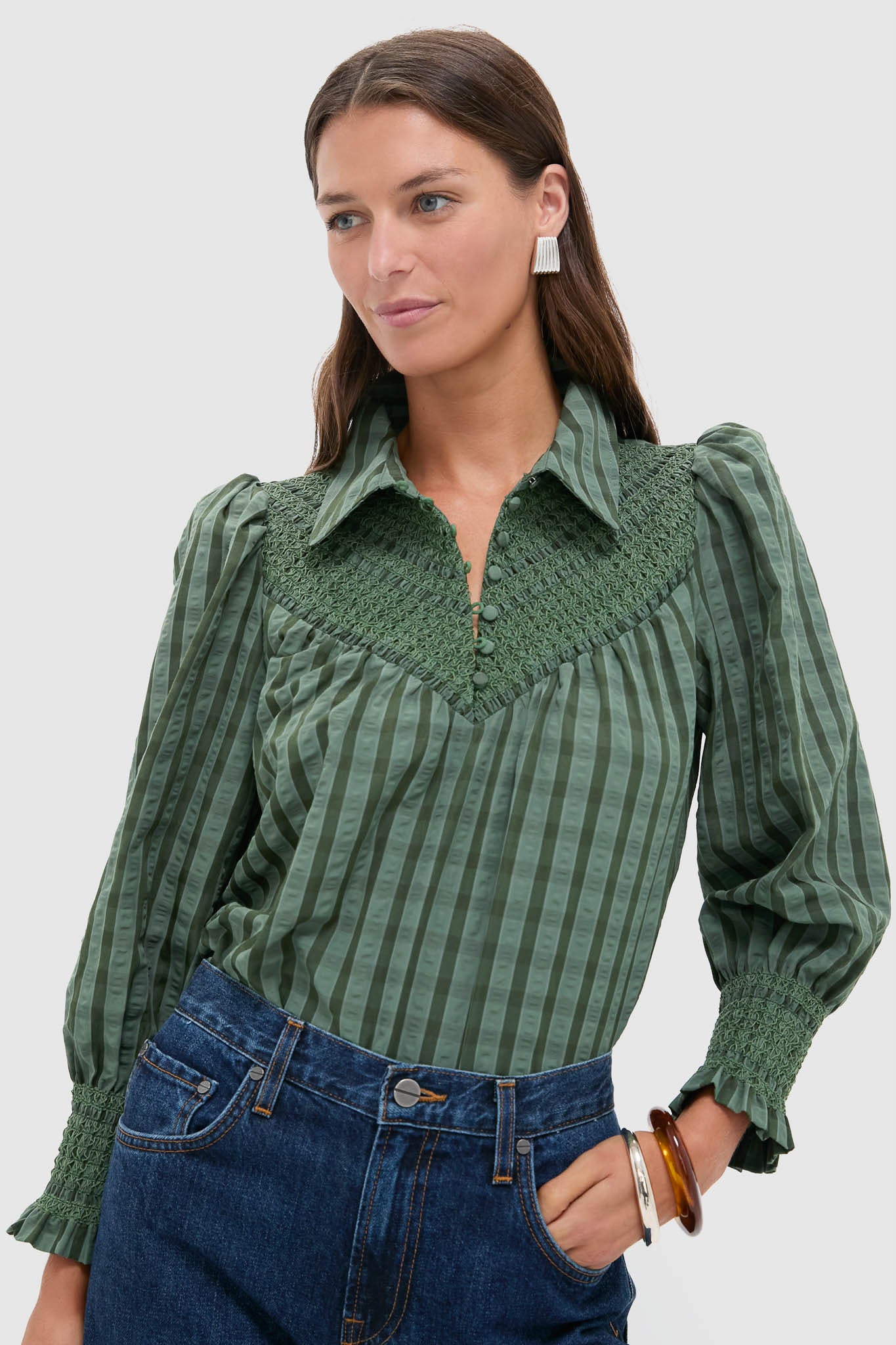 Green Windowpane Seersucker Vail Blouse