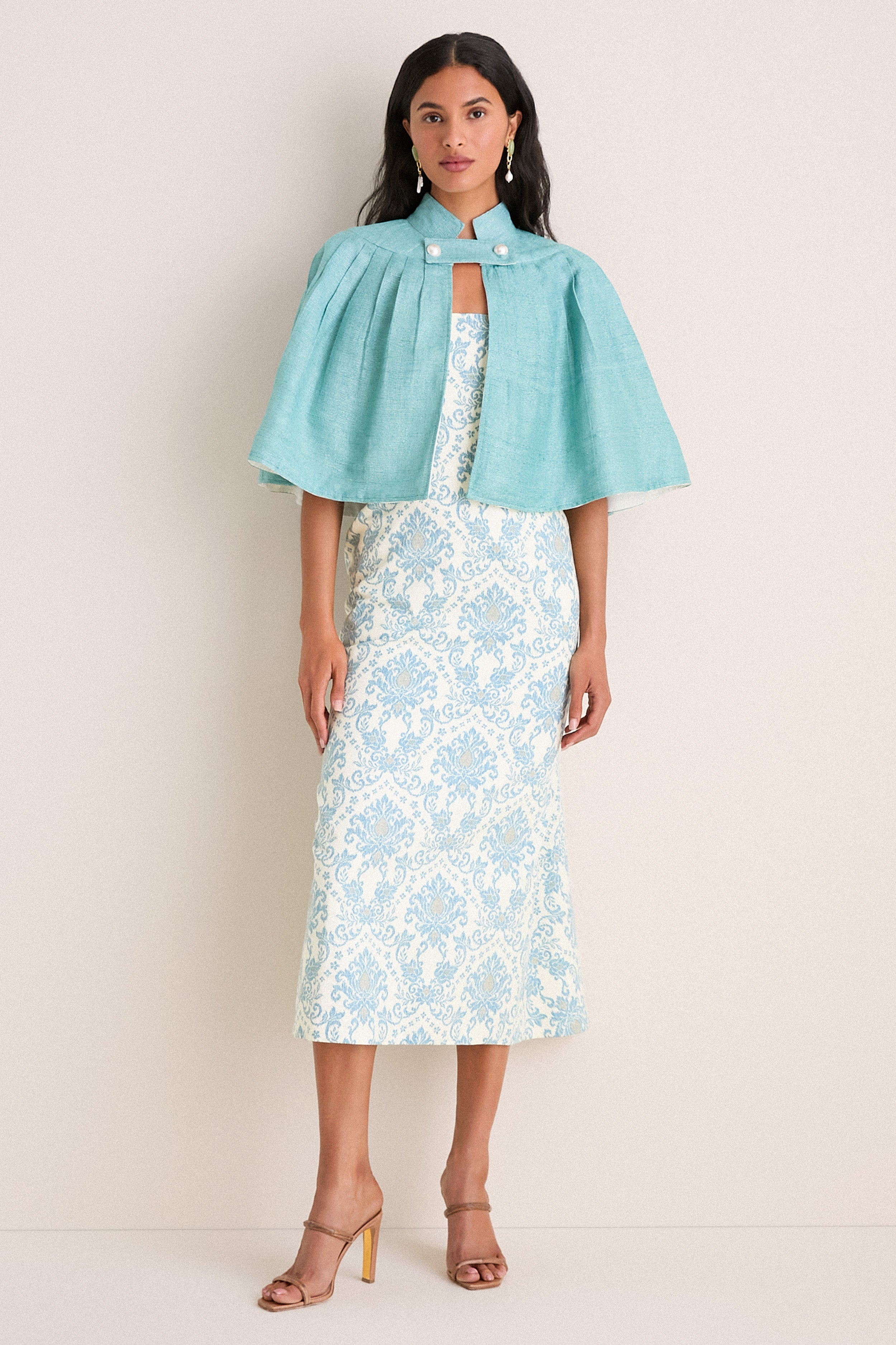 Exclusive Aqua Silk and Ivory Faille Reversible Cape — Image 5