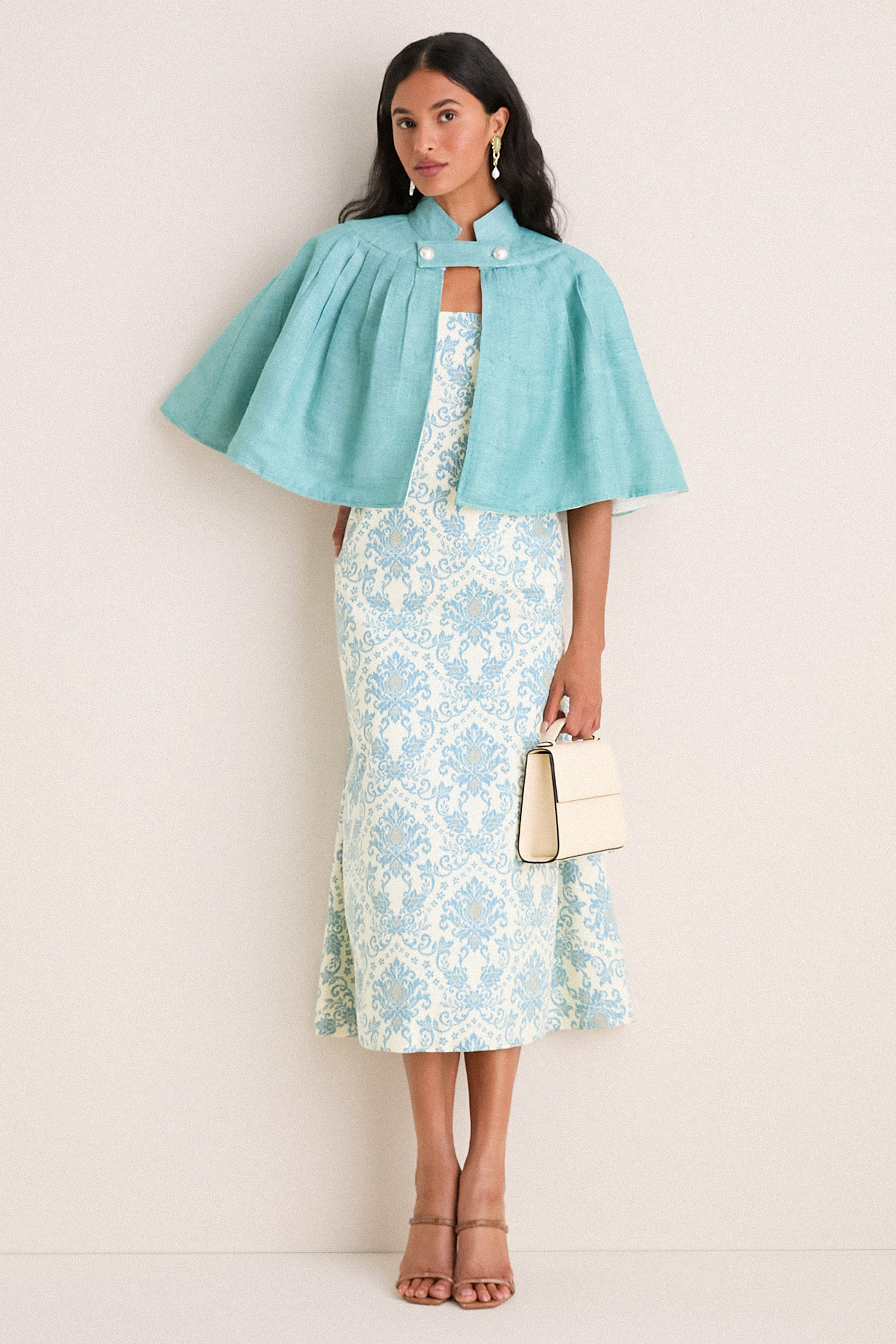 Exclusive Aqua Silk and Ivory Faille Reversible Cape — Image 6