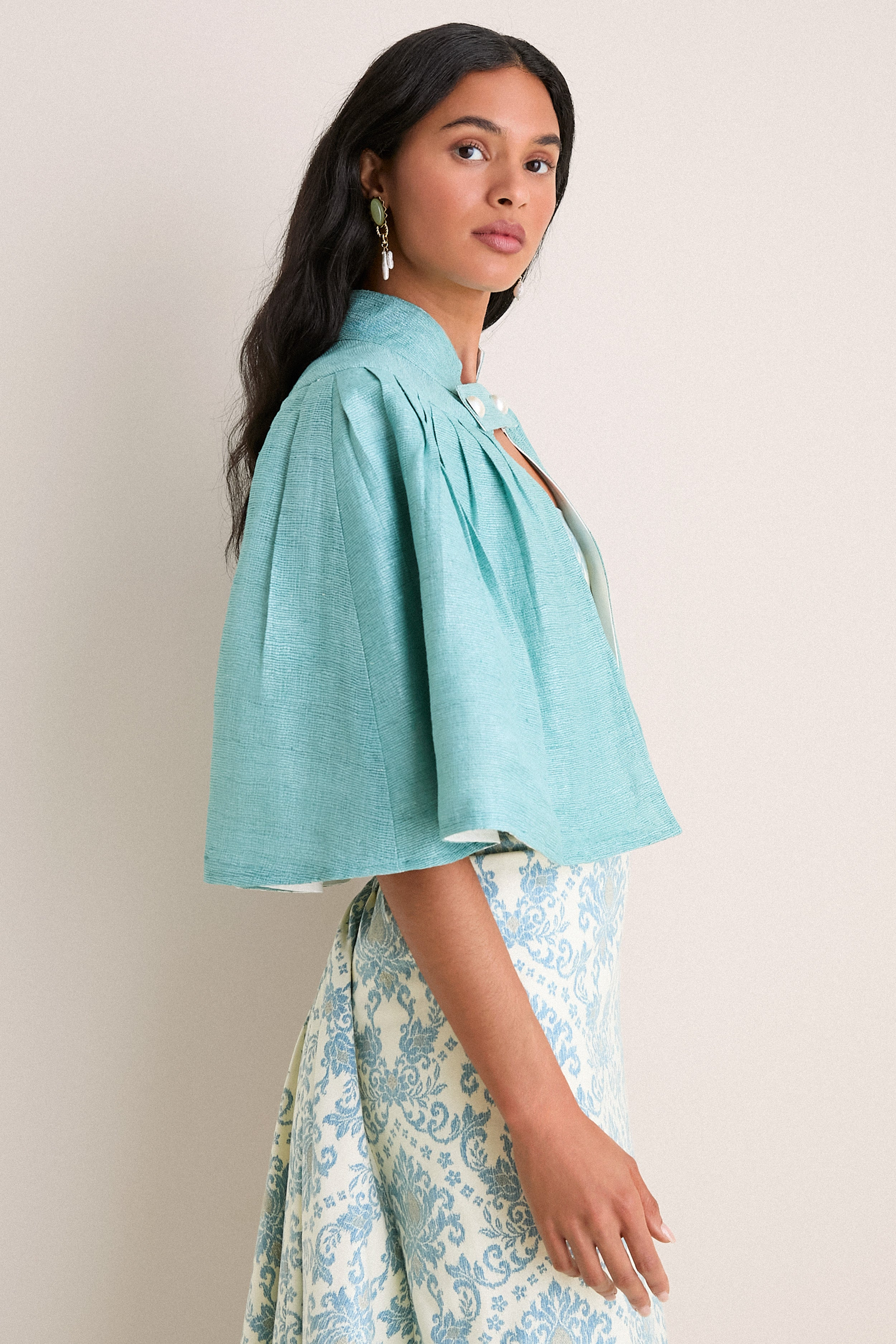 Exclusive Aqua Silk and Ivory Faille Reversible Cape — Image 3