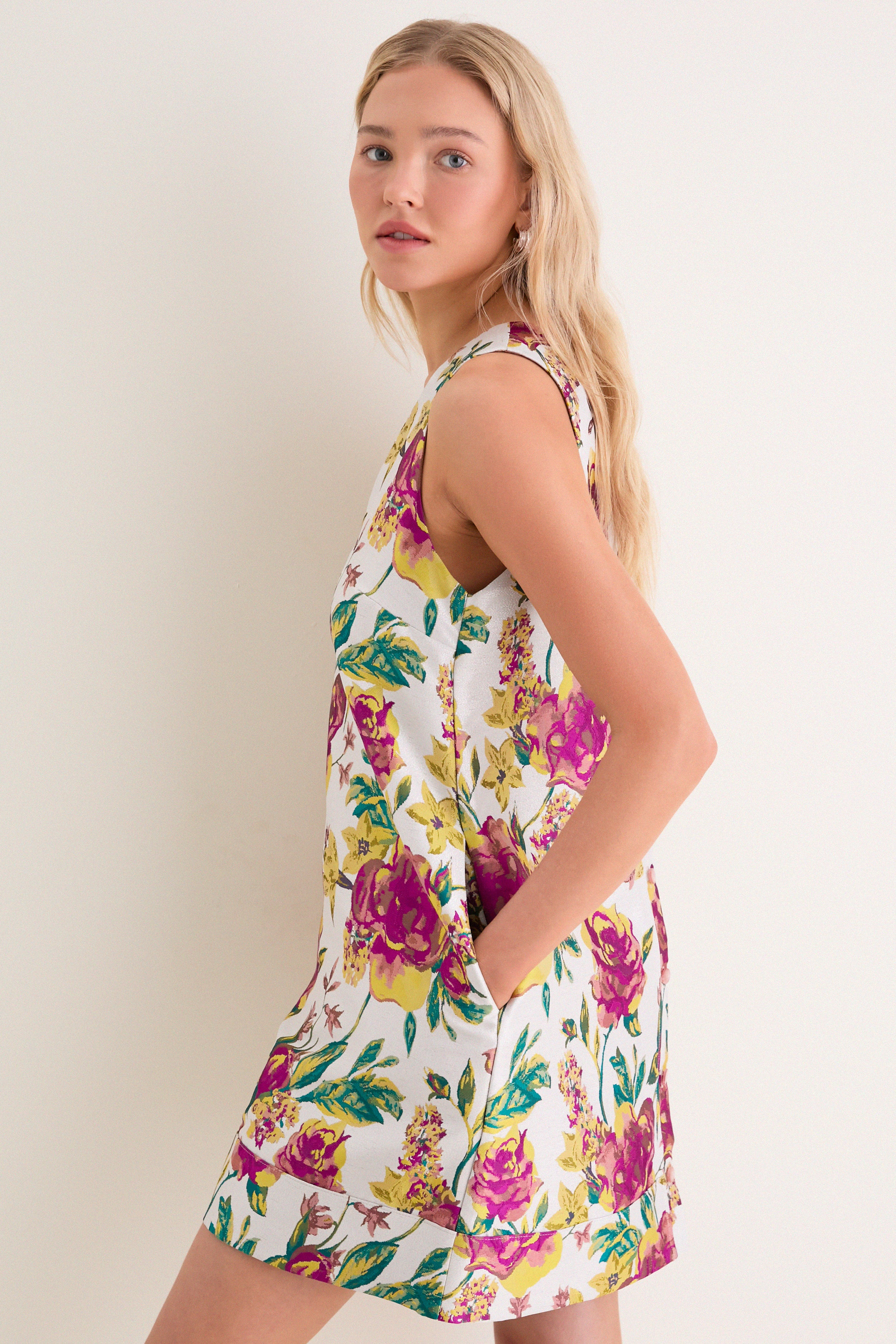 Exclusive Magenta Floral Brocade Mini Dress — Image 3