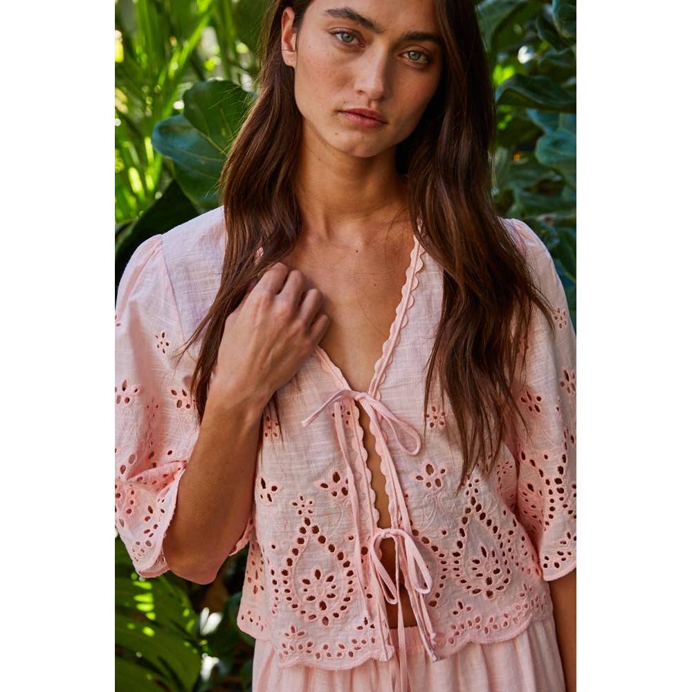 Woven Cotton Embroidered V-Neck Open Top: Pink