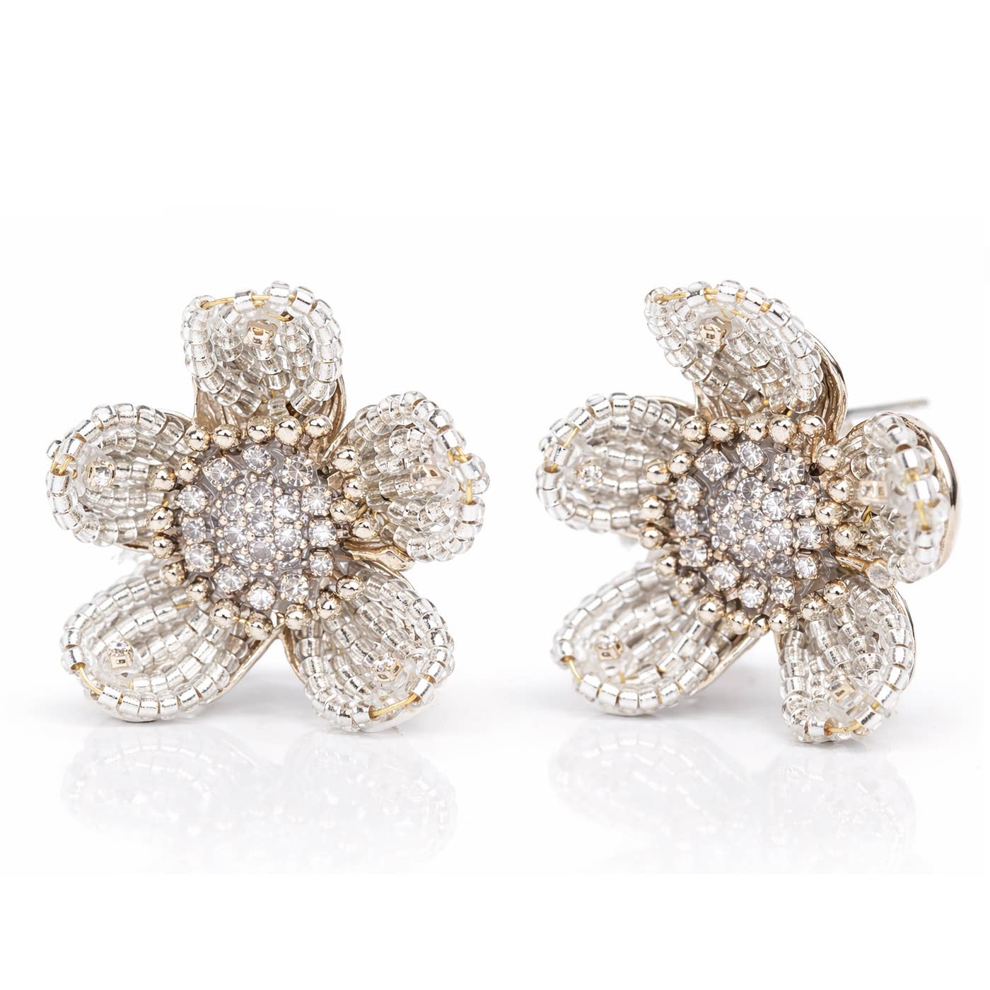 Beaded Clear Flower Studs: Clear
