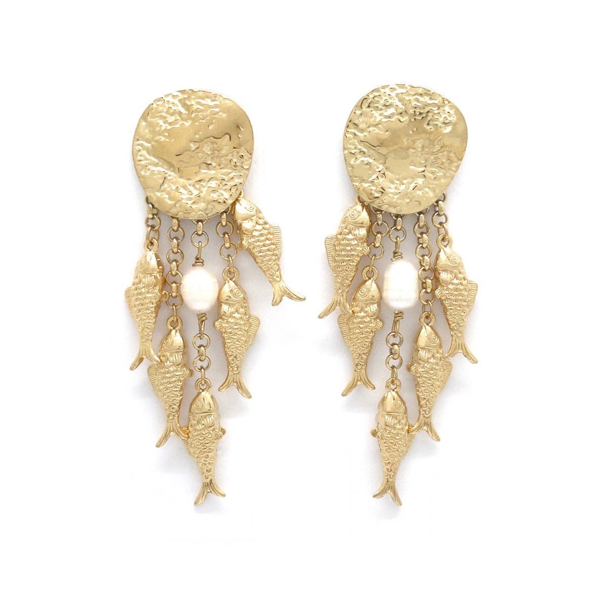 Five Gold Fish Hammered Earrings