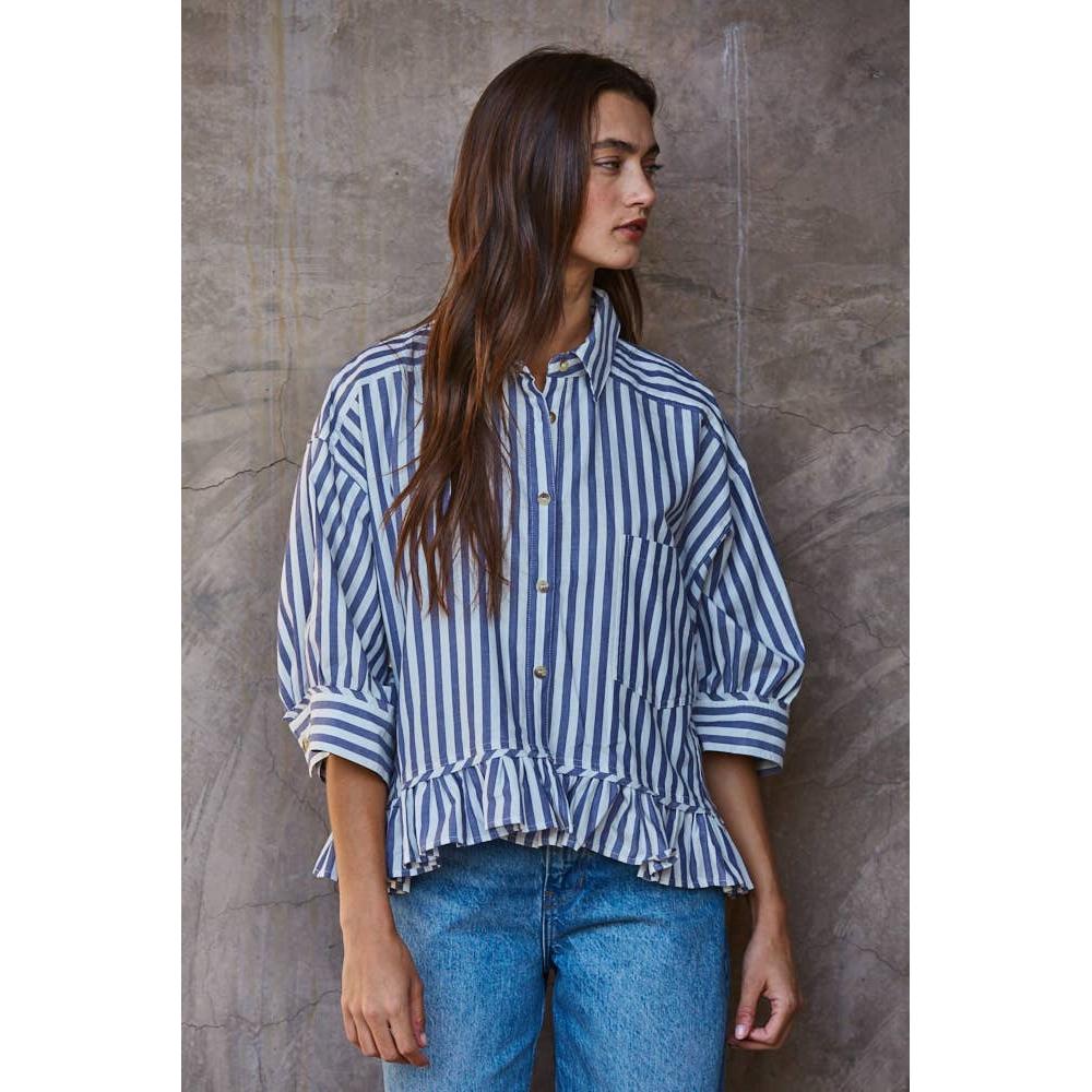 Woven Cotton Striped Button Down Shirt Top: Ivory Blue