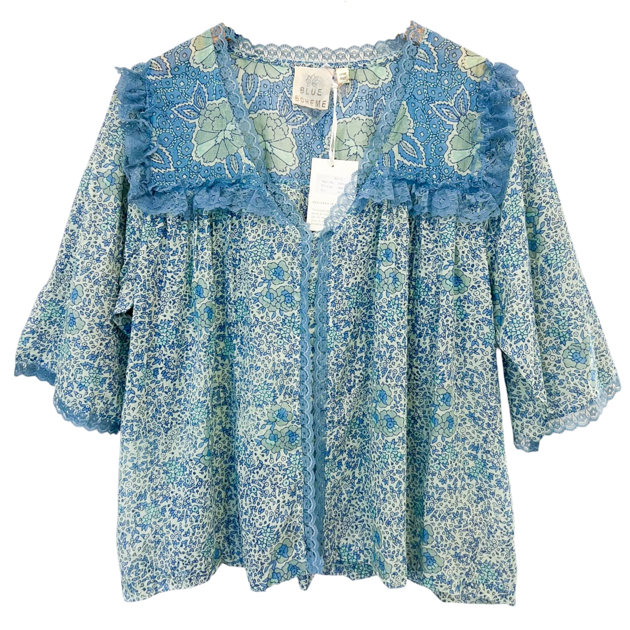 Kelly Printed Blouse Short Sleeves and Lace Liberty Blue