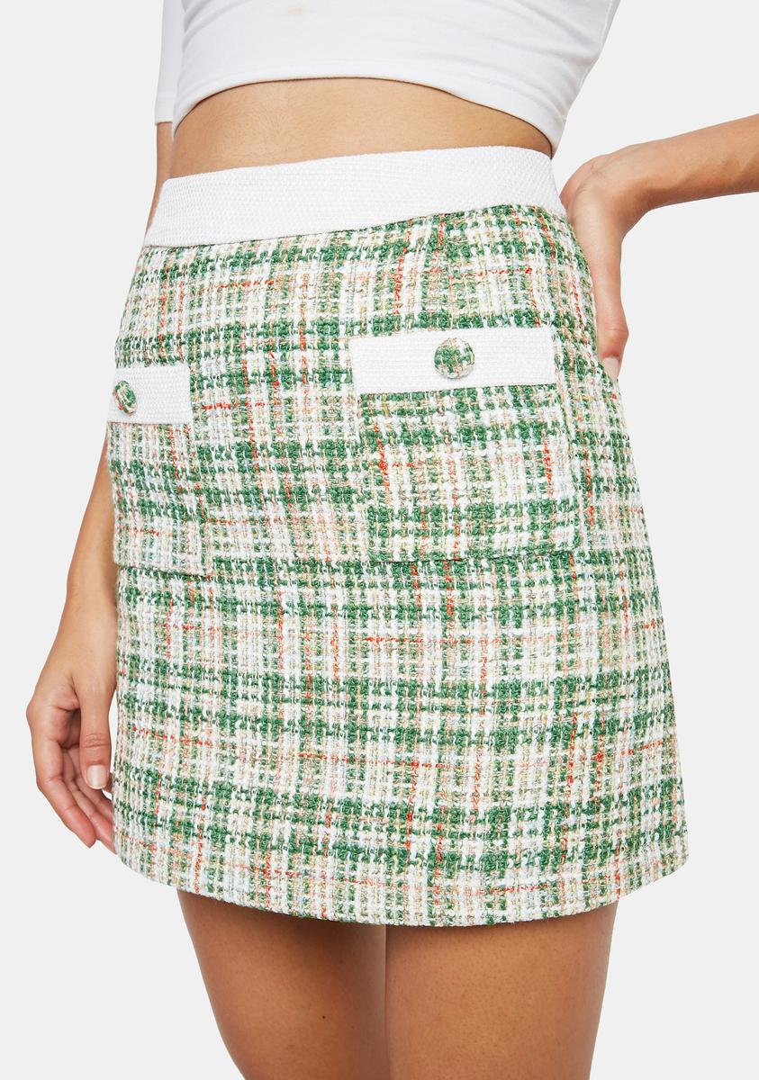 Green White Tweed Mini Skirt