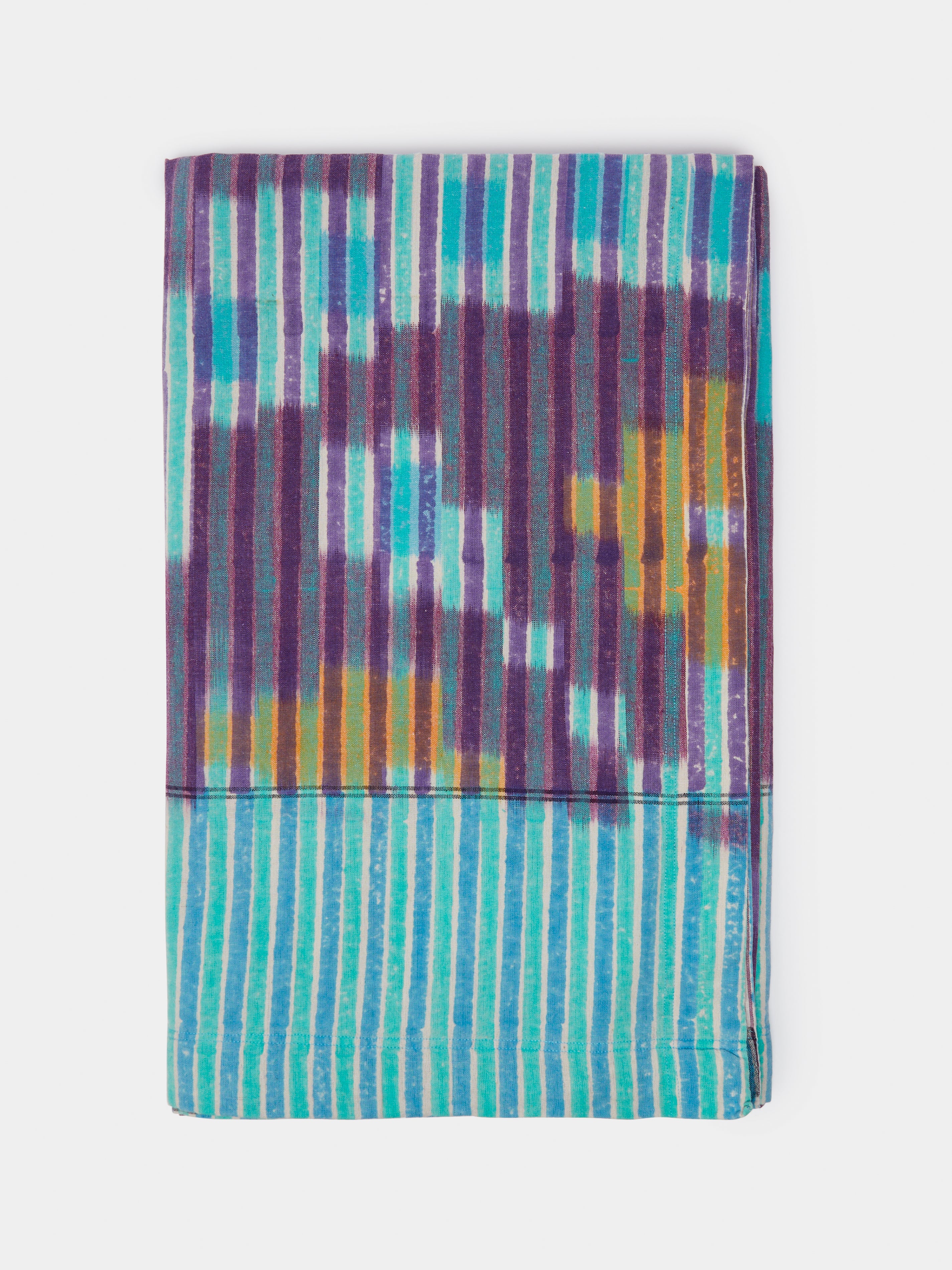 Midnight Aqua Stripe Block-Printed Cotton Rectangular Tablecloth (92in/2.34m)