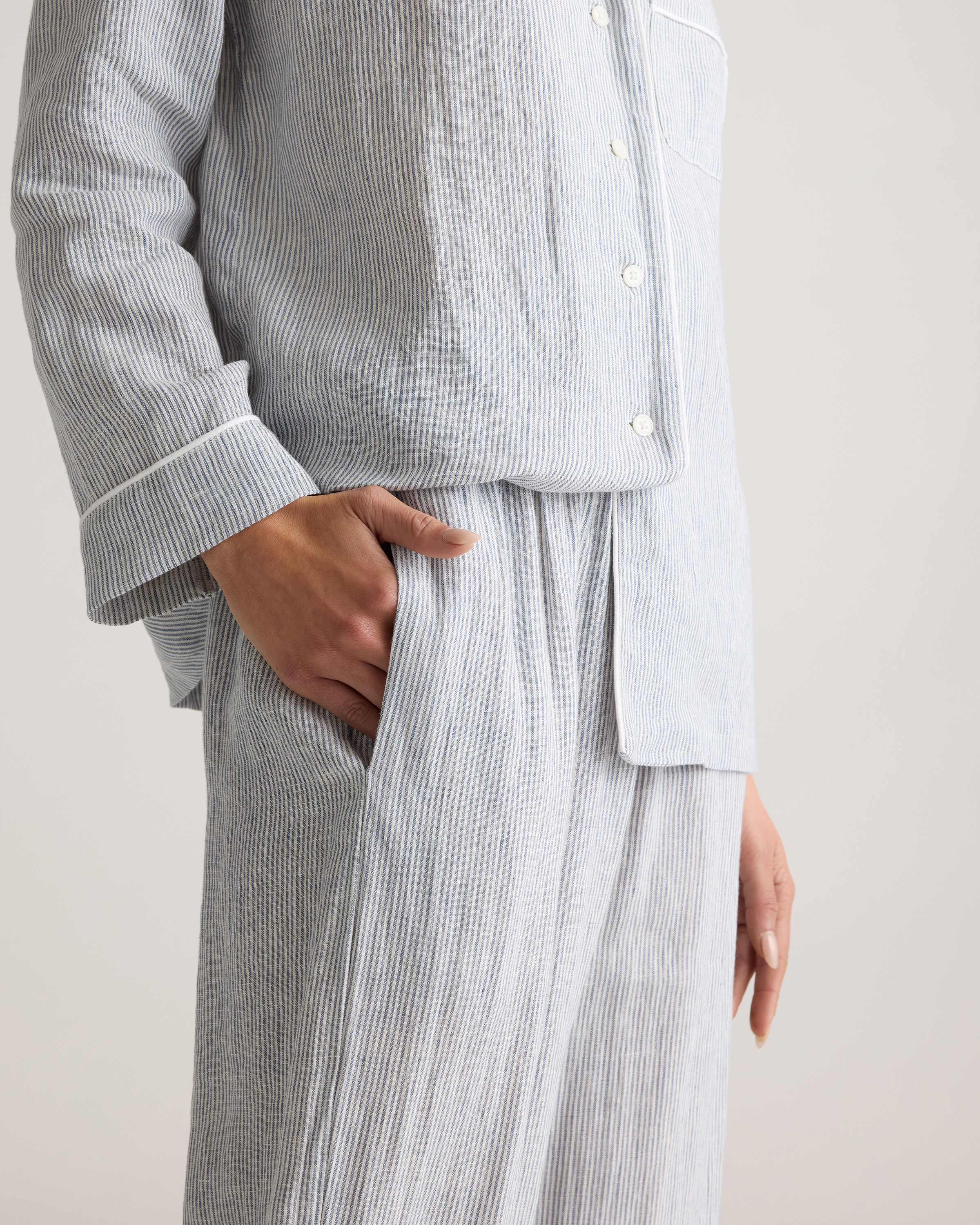100% European Linen Long Sleeve Pajama Set with Piping — Image 3