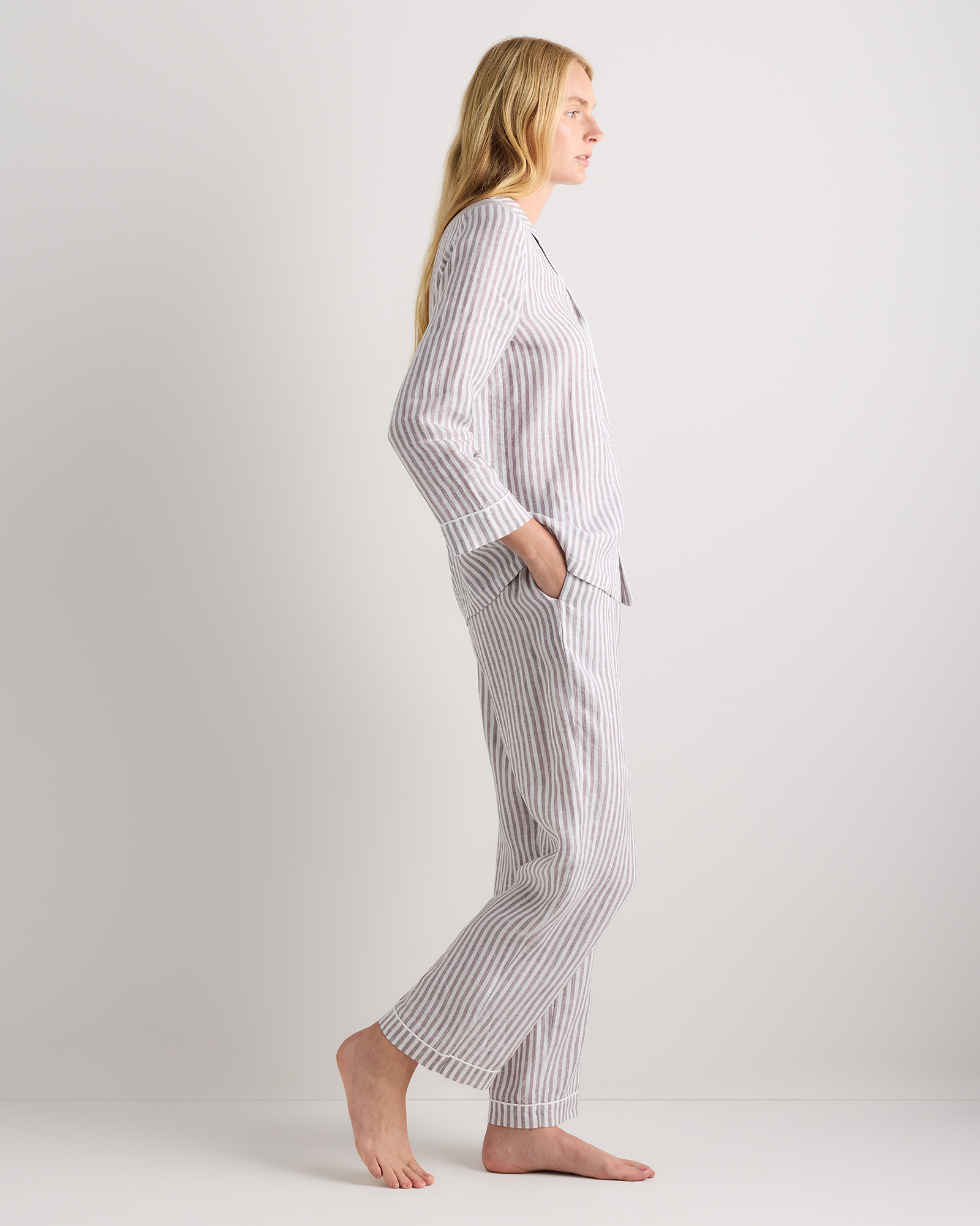 100% European Linen Long Sleeve Pajama Set with Piping — Image 38