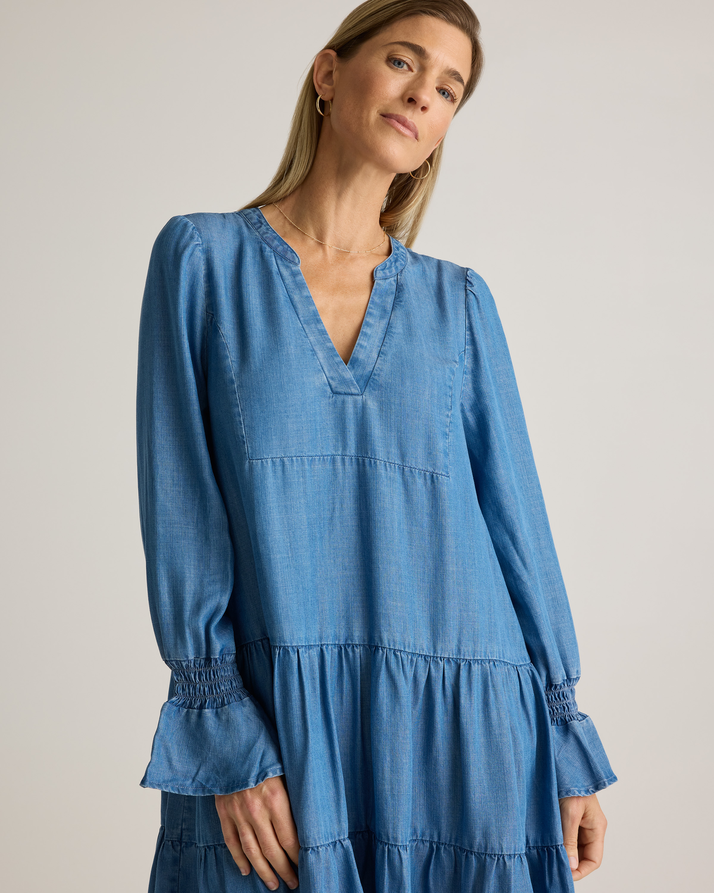 Chambray Tencel Tiered Long Sleeve Mini Dress — Image 3