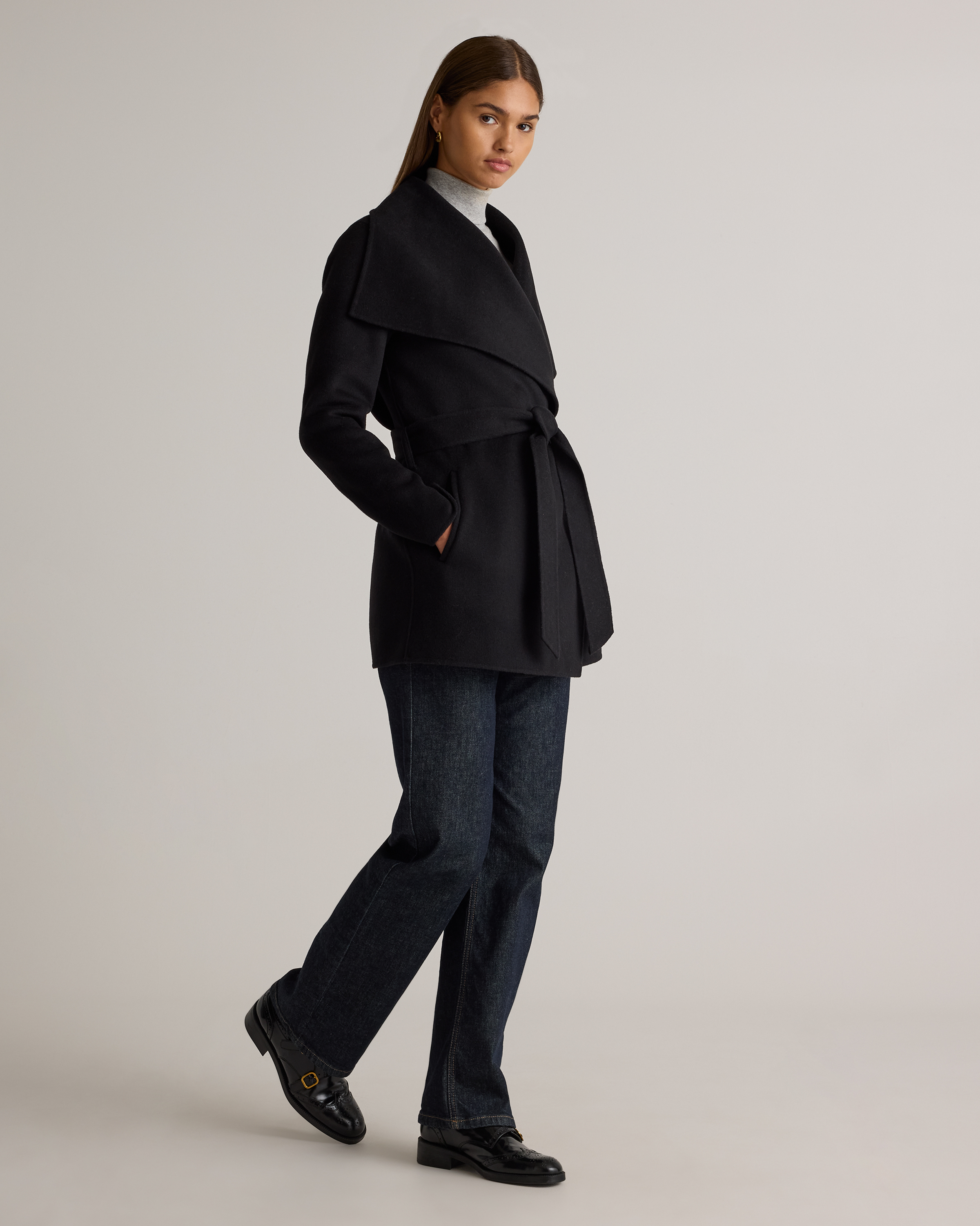 Double-Faced Merino Wool Draped Collar Short Wrap Coat — Image 16