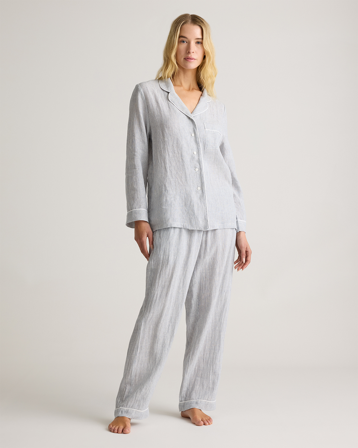 100% European Linen Long Sleeve Pajama Set with Piping — Image 46