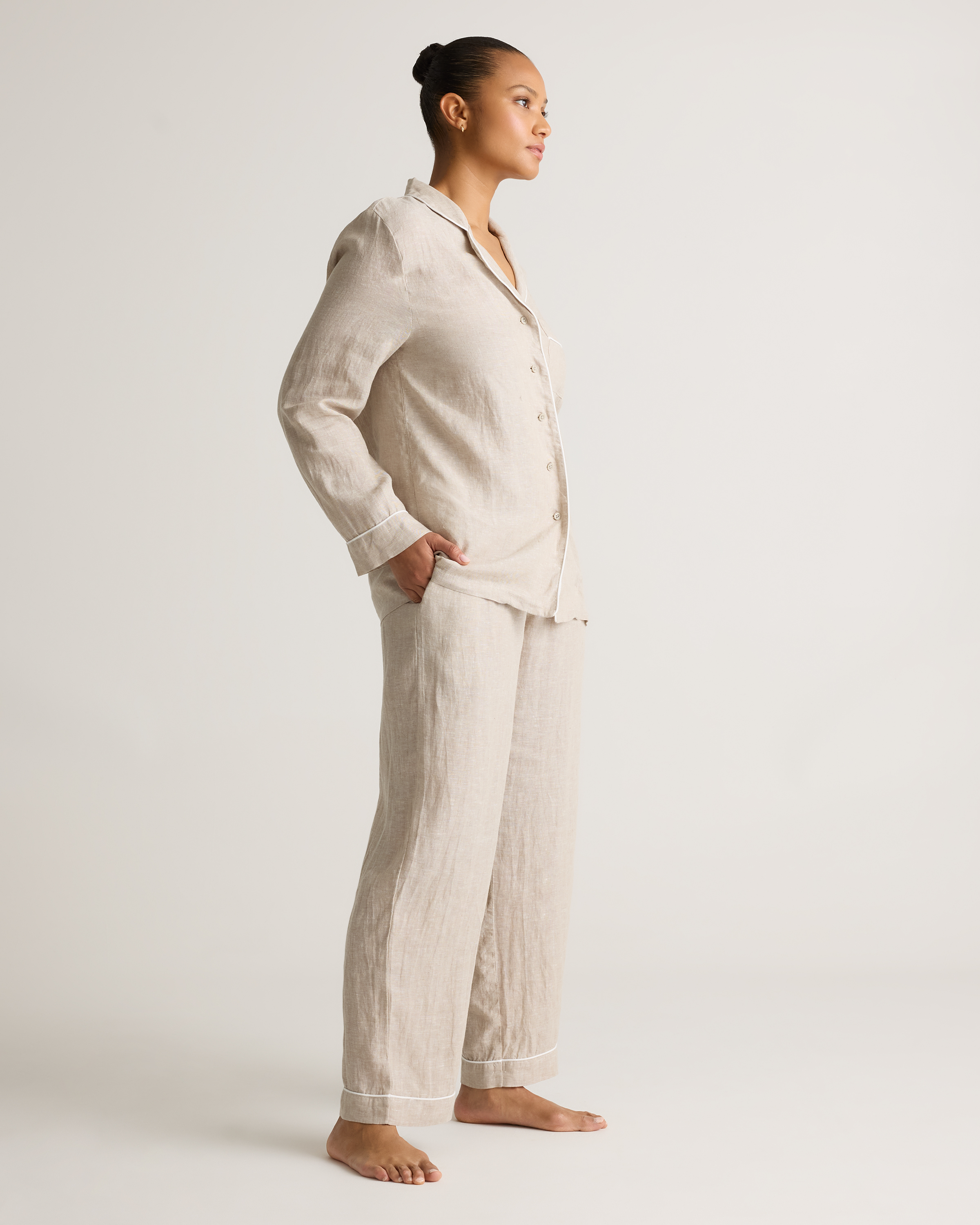 100% European Linen Long Sleeve Pajama Set with Piping — Image 20
