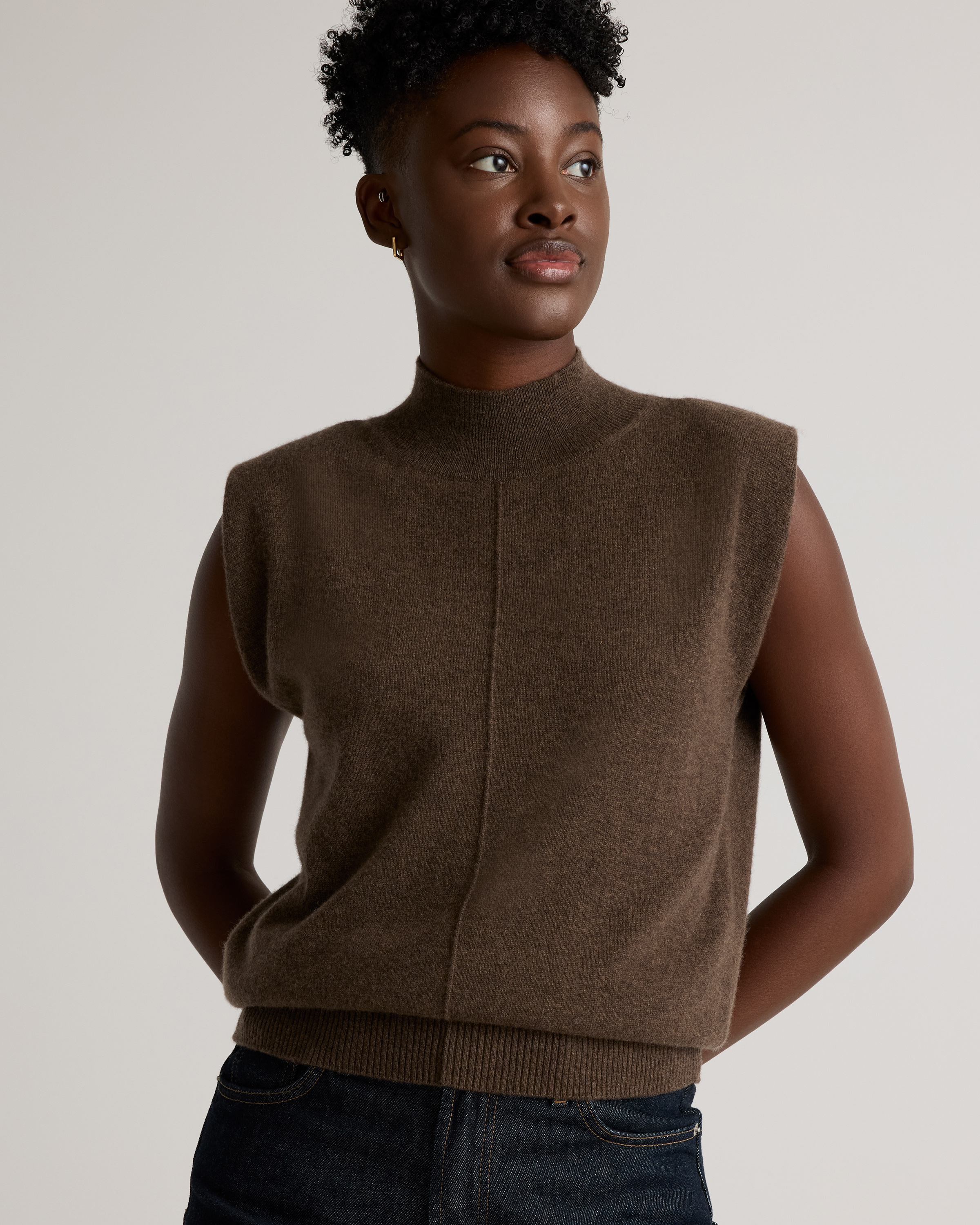 Mongolian Cashmere Padded-Shoulder Sweater Tank — Image 4