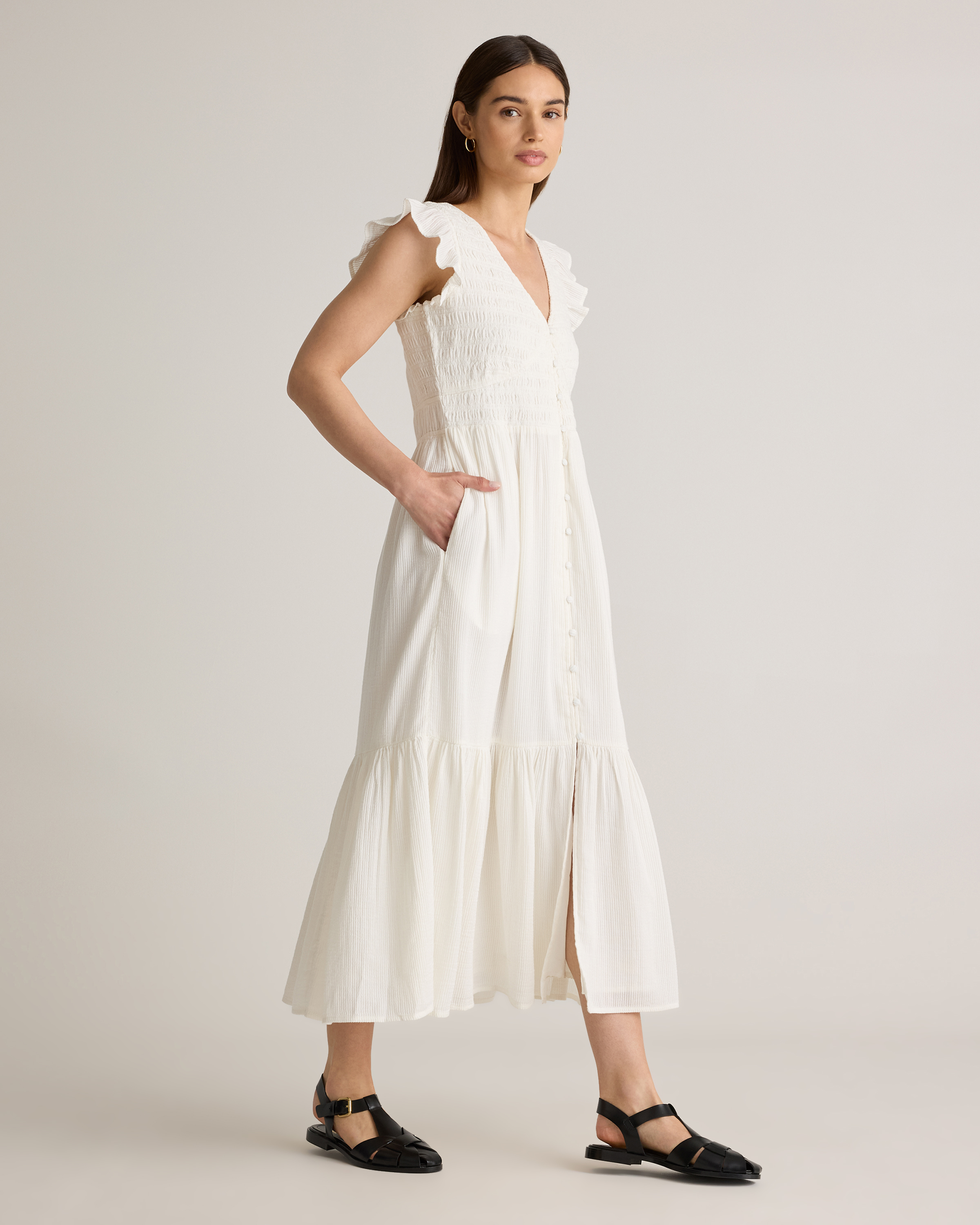 Organic Textured Cotton Smocked V-Neck Midi Dress — Image 10