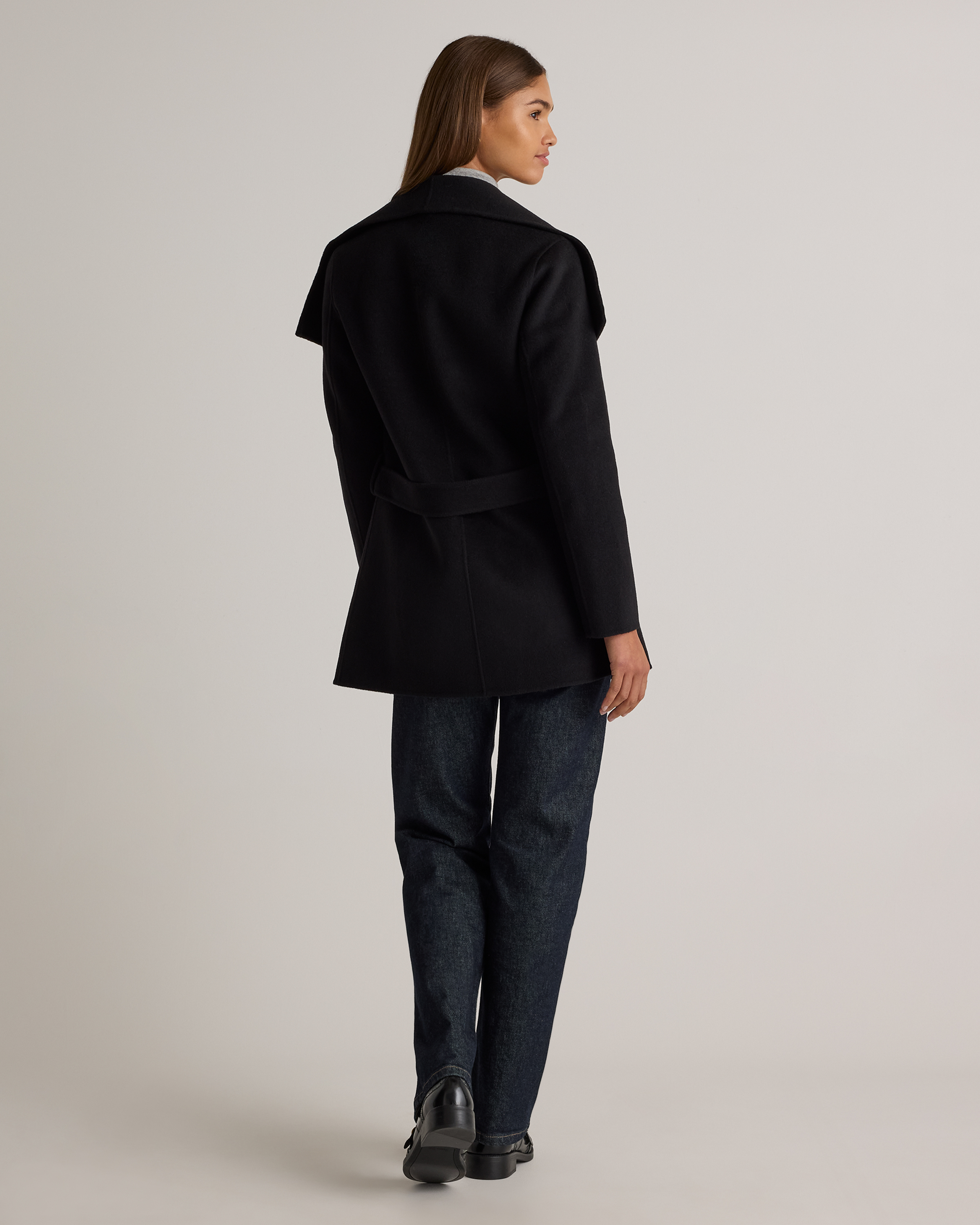 Double-Faced Merino Wool Draped Collar Short Wrap Coat — Image 17