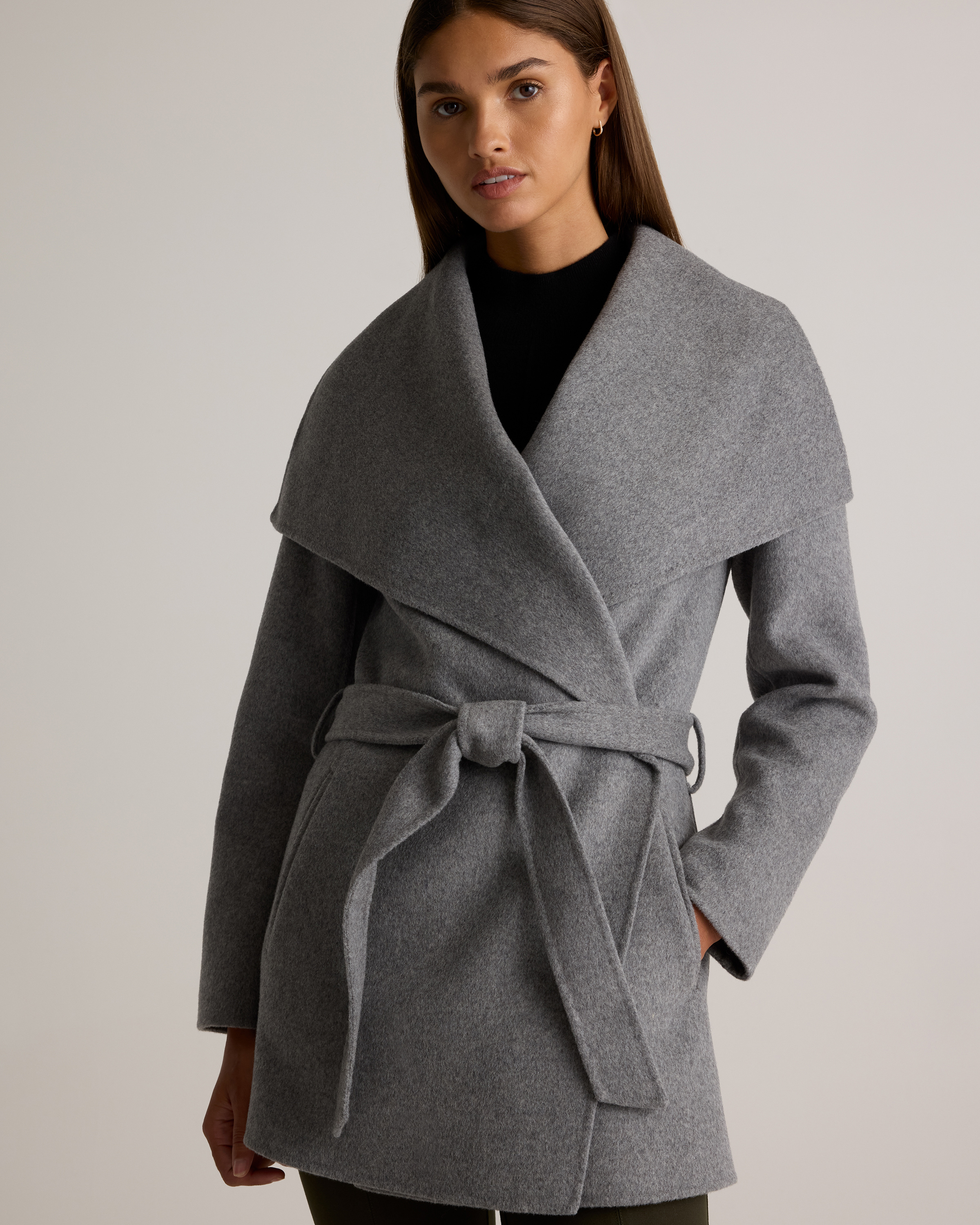 Double-Faced Merino Wool Draped Collar Short Wrap Coat — Image 4