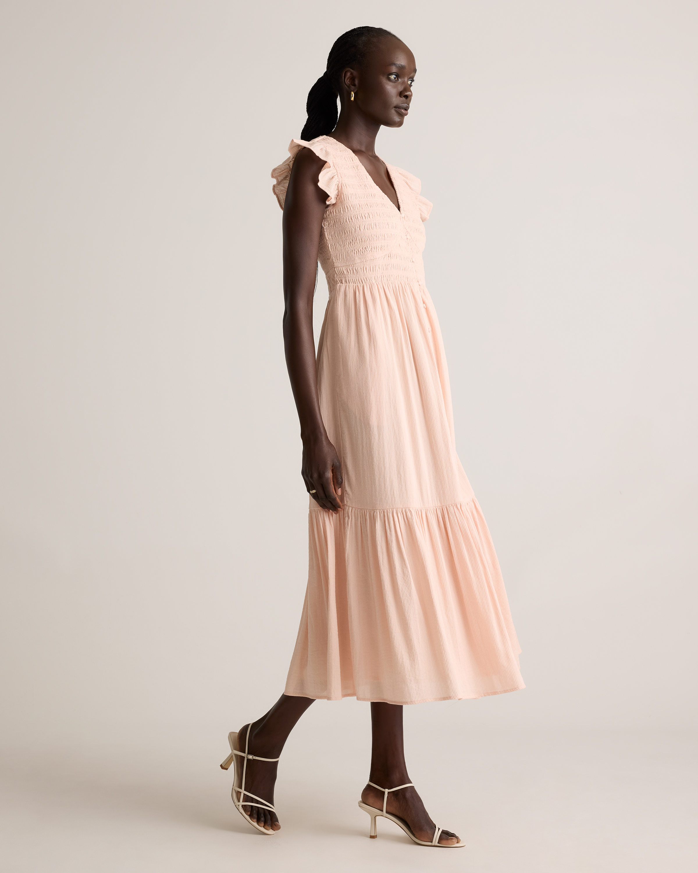 Organic Textured Cotton Smocked V-Neck Midi Dress — Image 11
