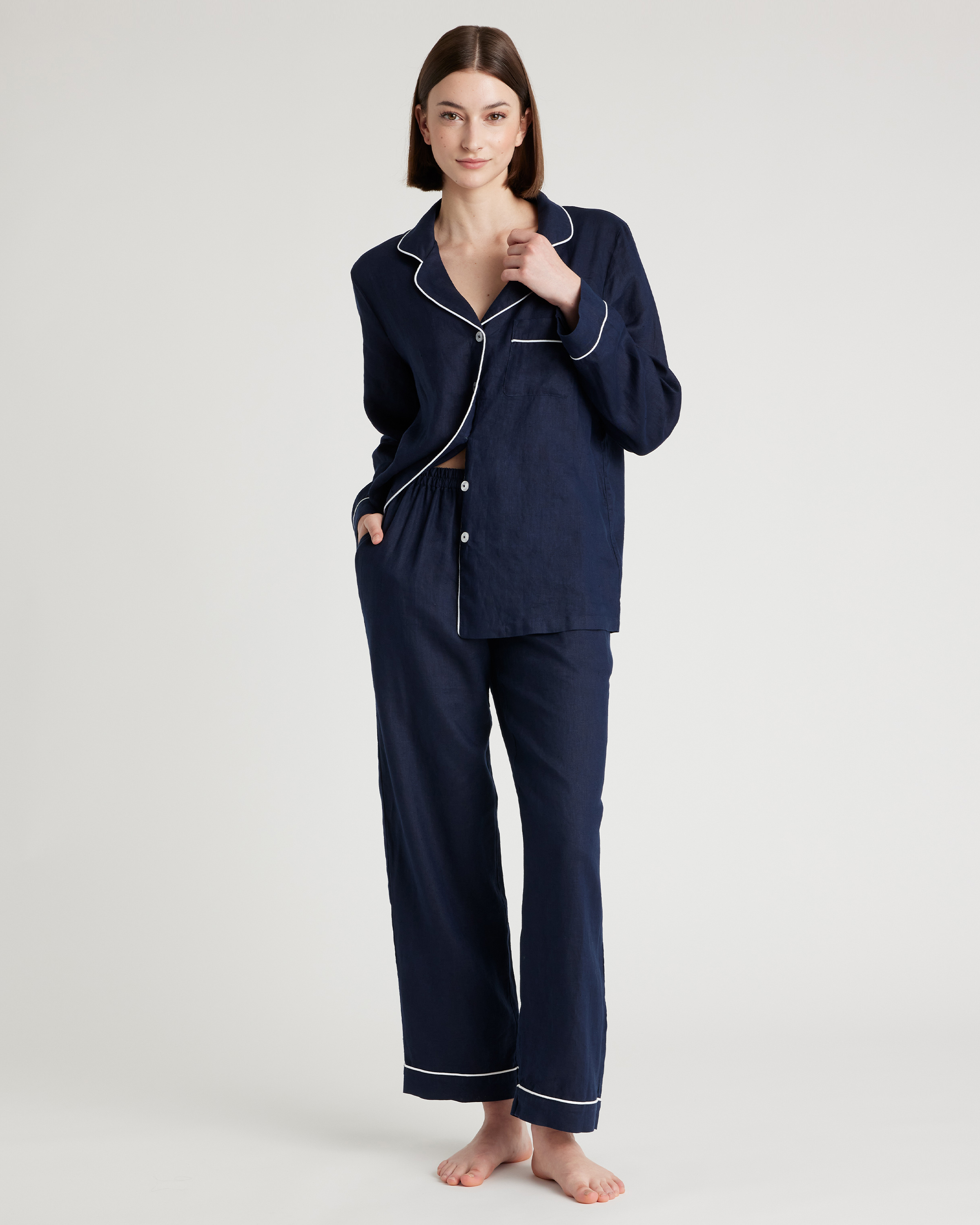 100% European Linen Long Sleeve Pajama Set with Piping — Image 25