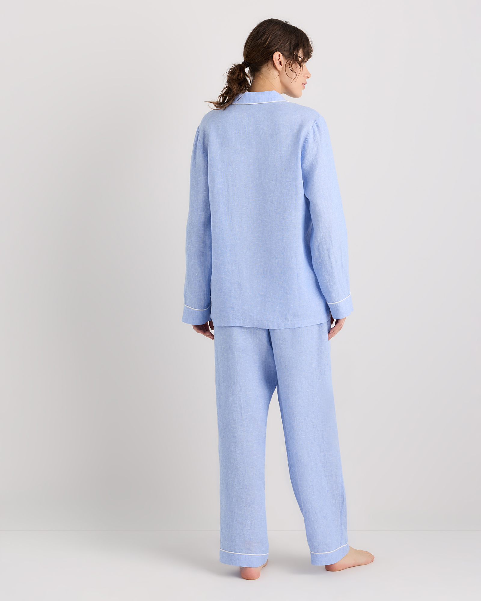 100% European Linen Long Sleeve Pajama Set with Piping — Image 43