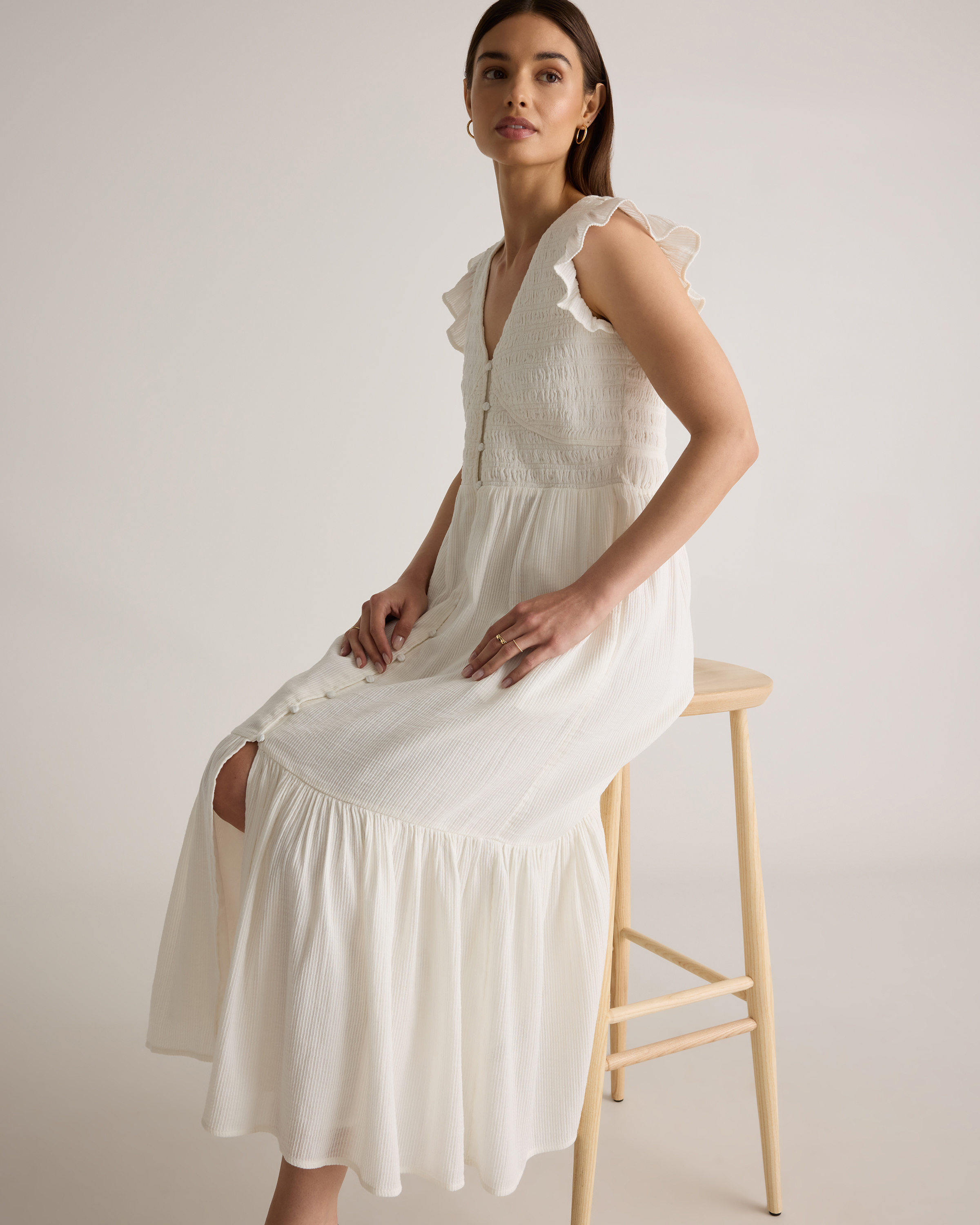 Organic Textured Cotton Smocked V-Neck Midi Dress — Image 7