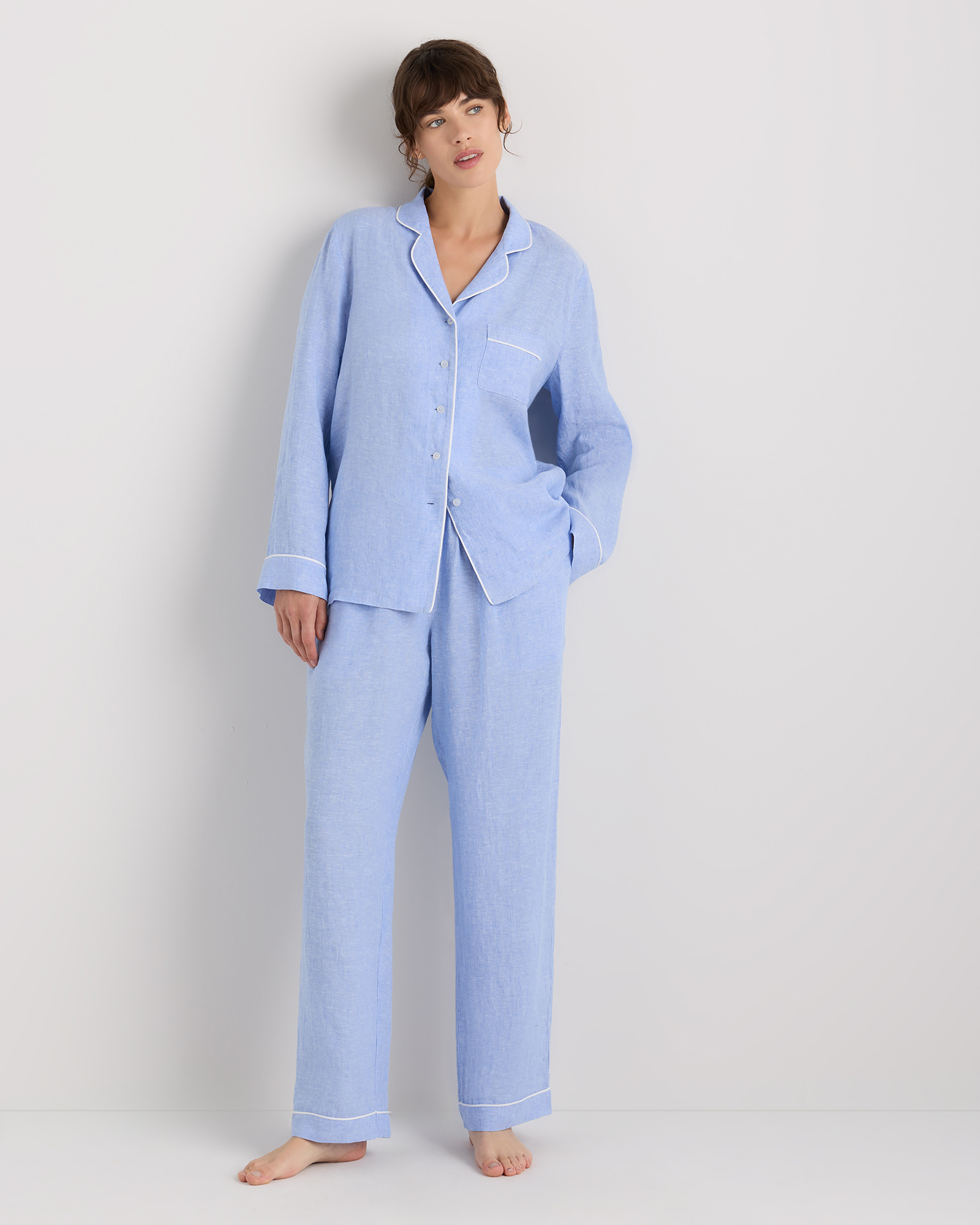 100% European Linen Long Sleeve Pajama Set with Piping — Image 41