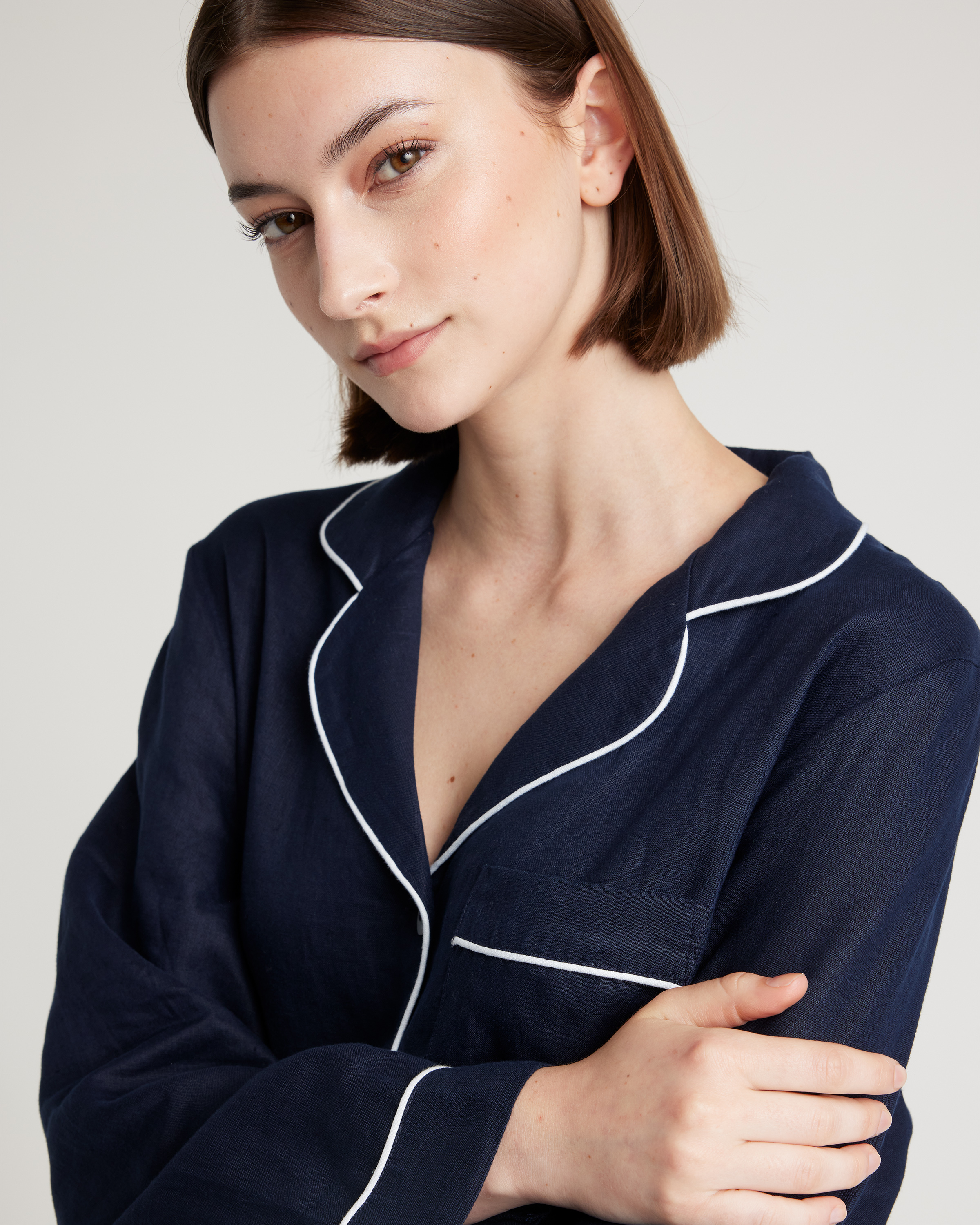100% European Linen Long Sleeve Pajama Set with Piping — Image 8