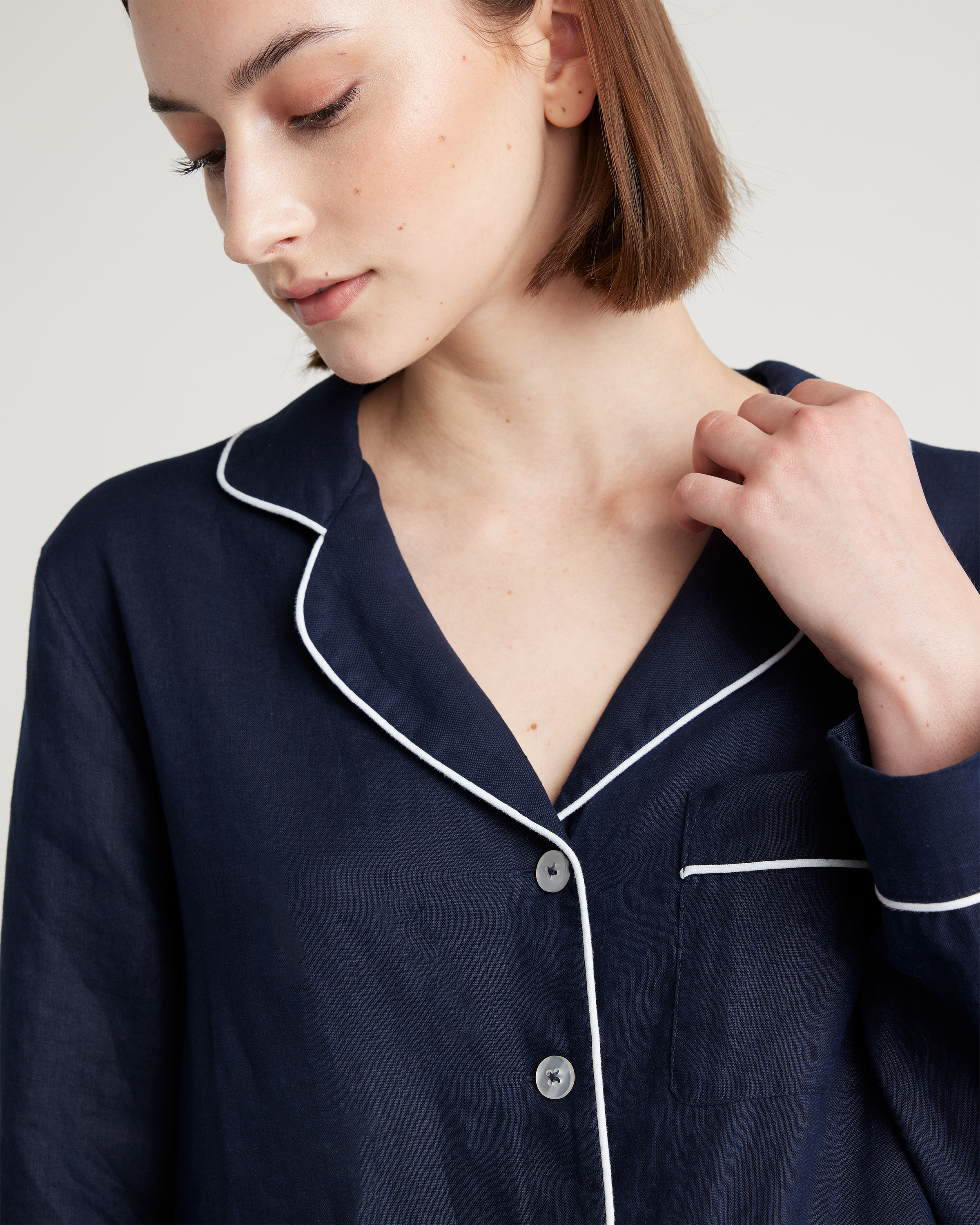 100% European Linen Long Sleeve Pajama Set with Piping — Image 6