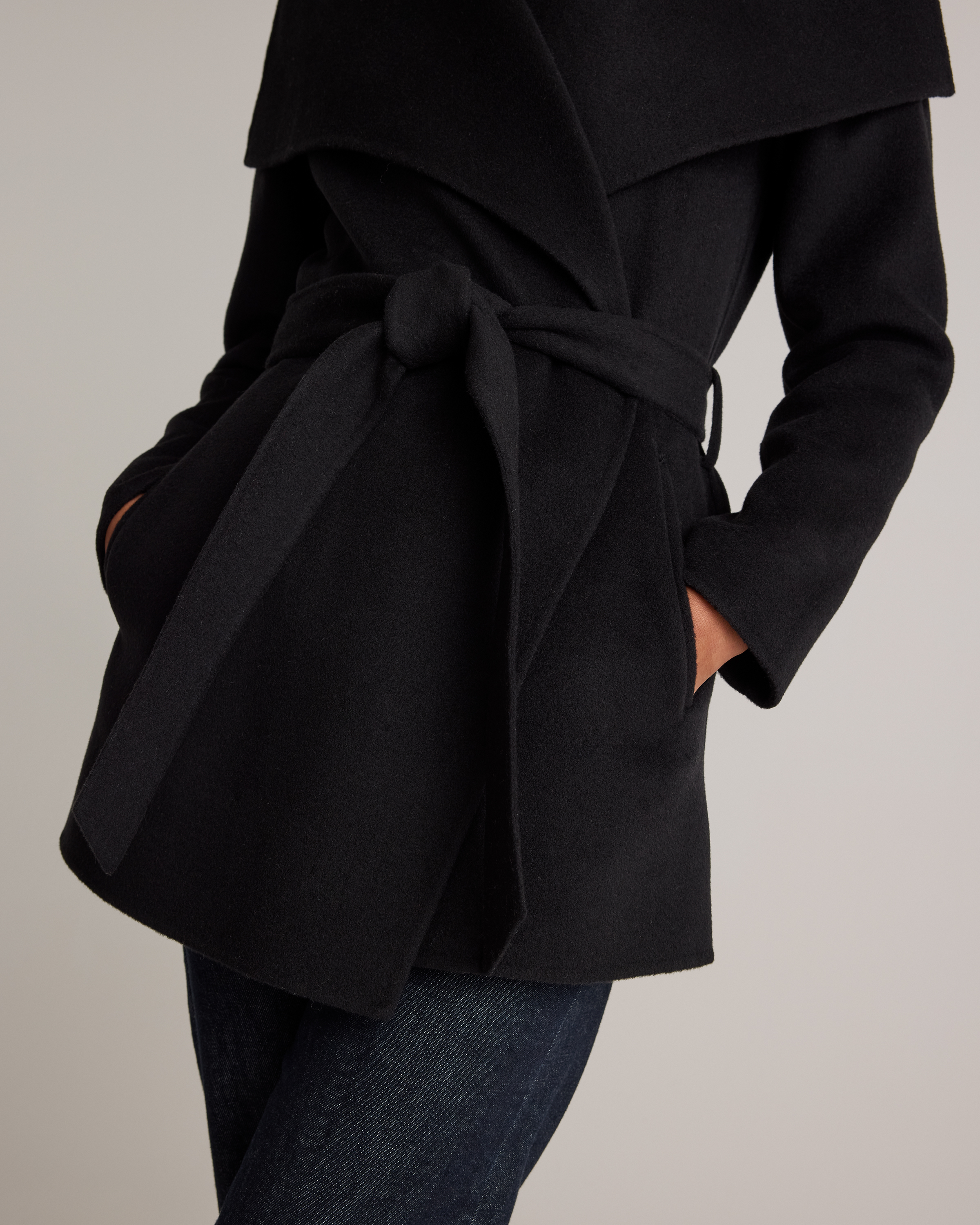 Double-Faced Merino Wool Draped Collar Short Wrap Coat — Image 6