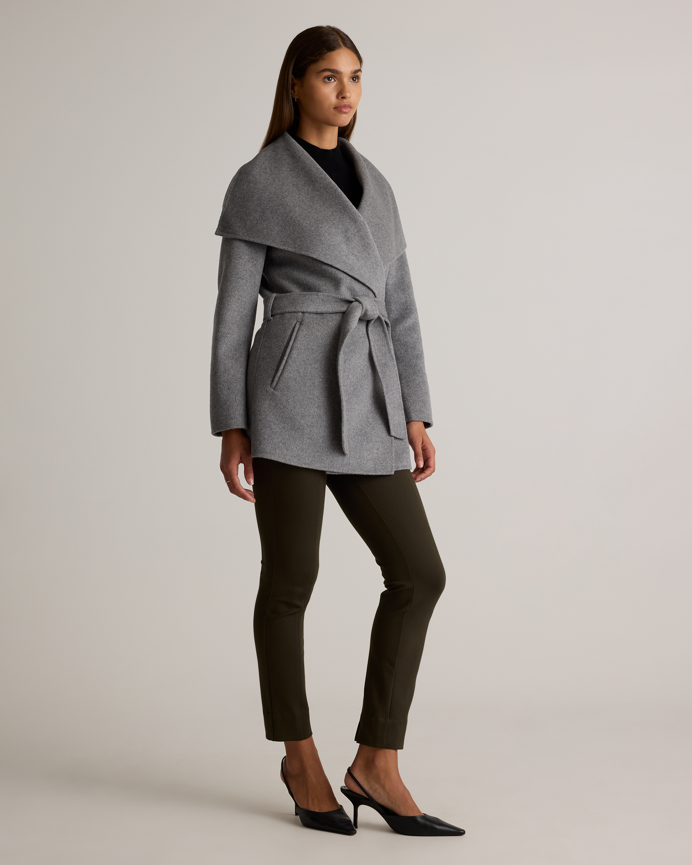Double-Faced Merino Wool Draped Collar Short Wrap Coat — Image 12