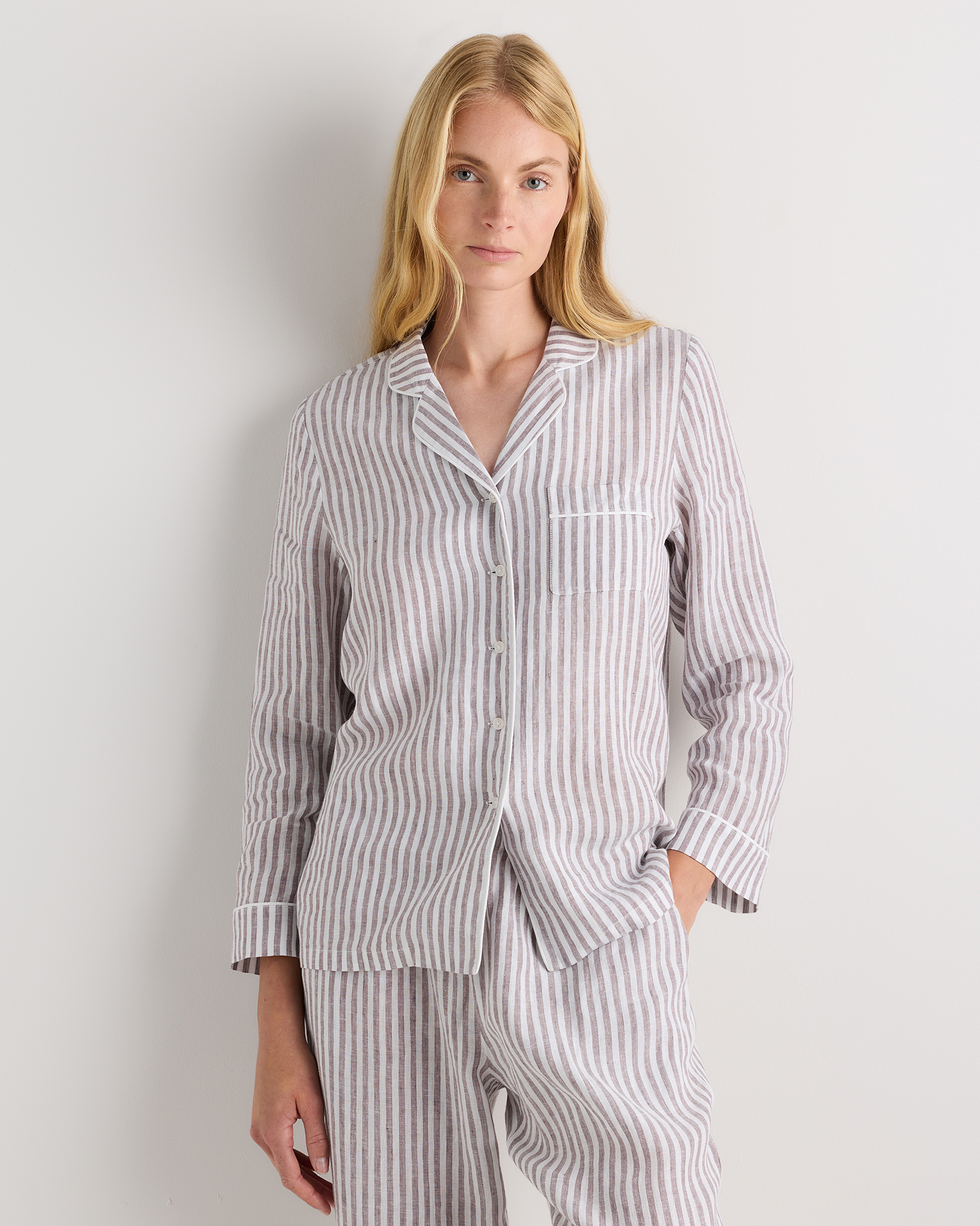 100% European Linen Long Sleeve Pajama Set with Piping — Image 23