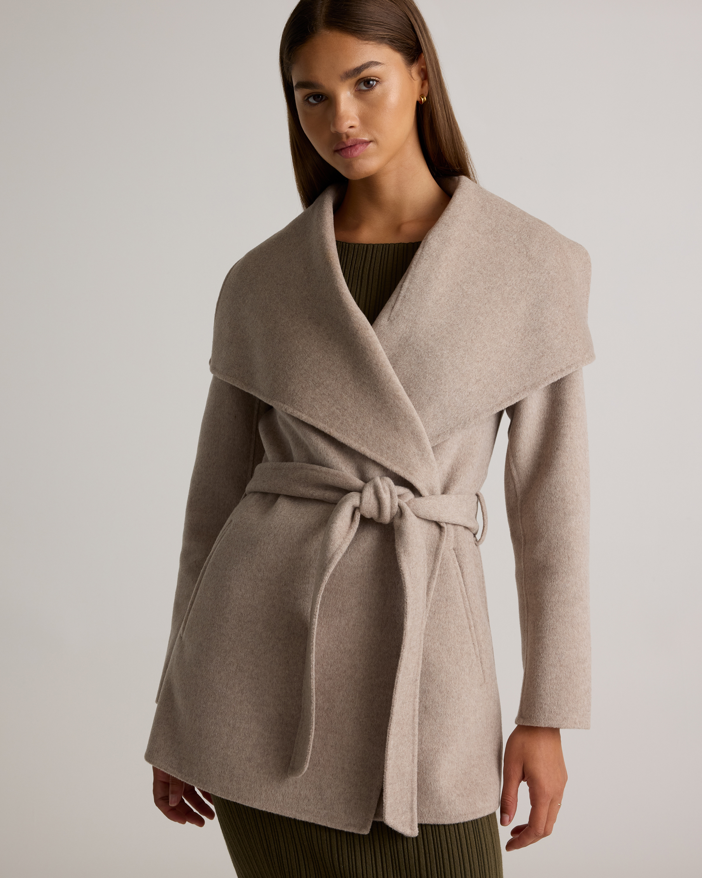 Double-Faced Merino Wool Draped Collar Short Wrap Coat — Image 5
