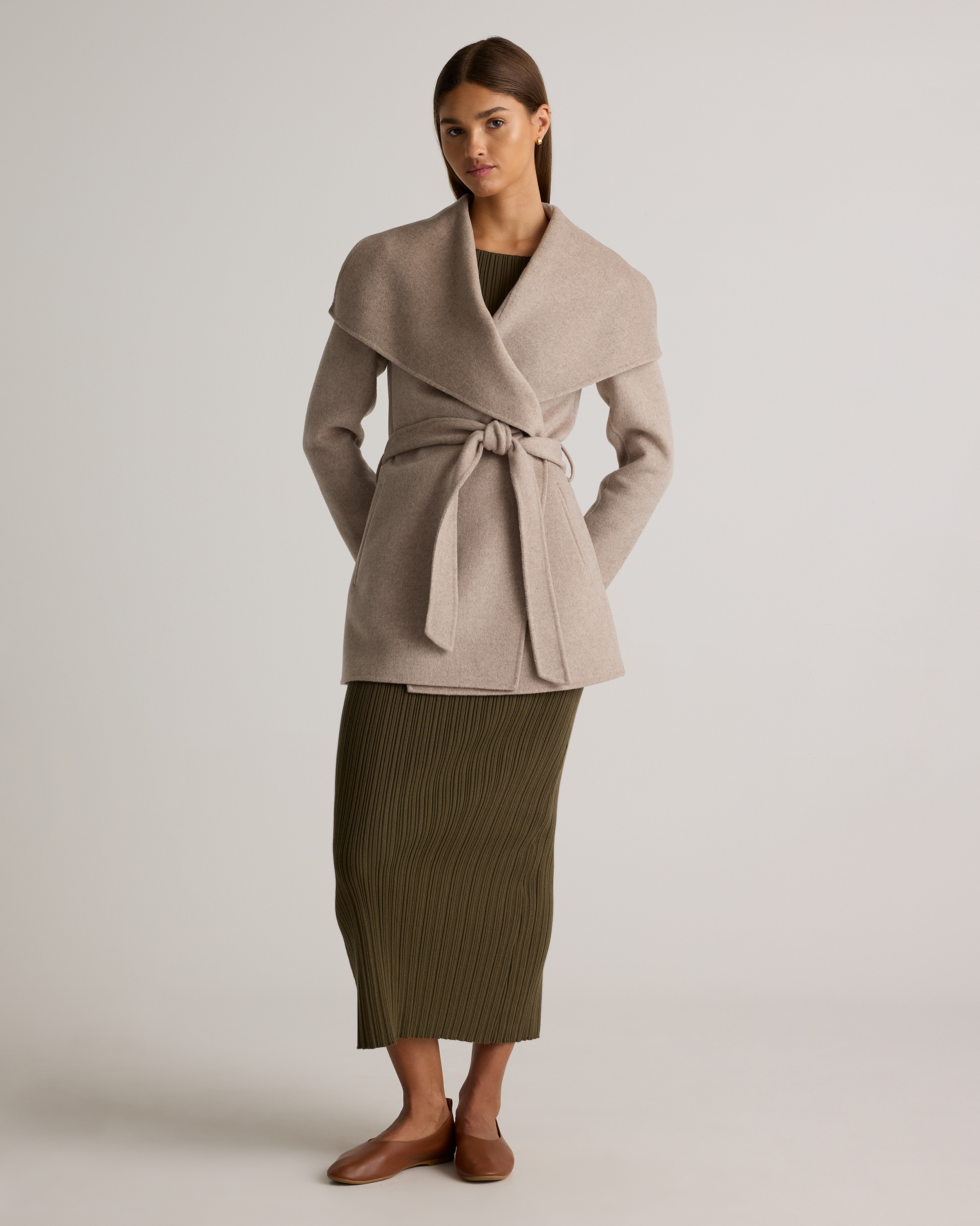 Double-Faced Merino Wool Draped Collar Short Wrap Coat — Image 8