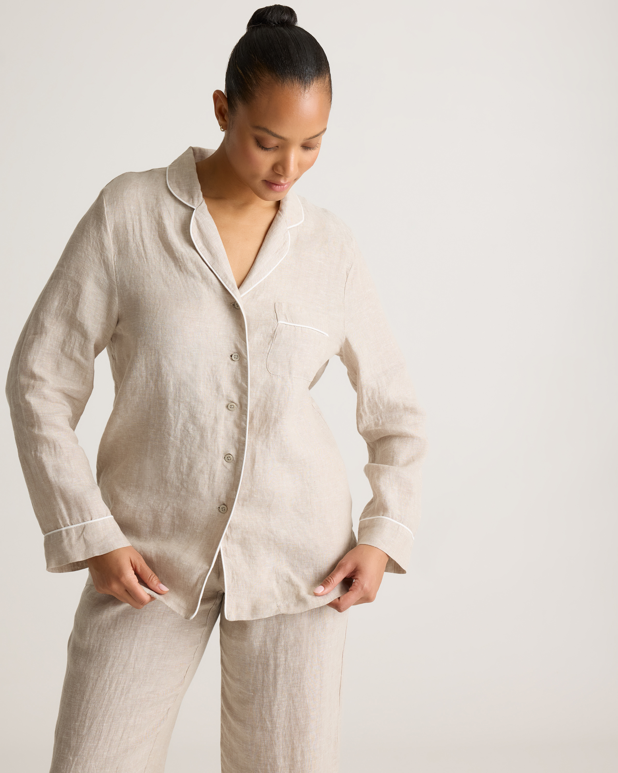 100% European Linen Long Sleeve Pajama Set with Piping — Image 9