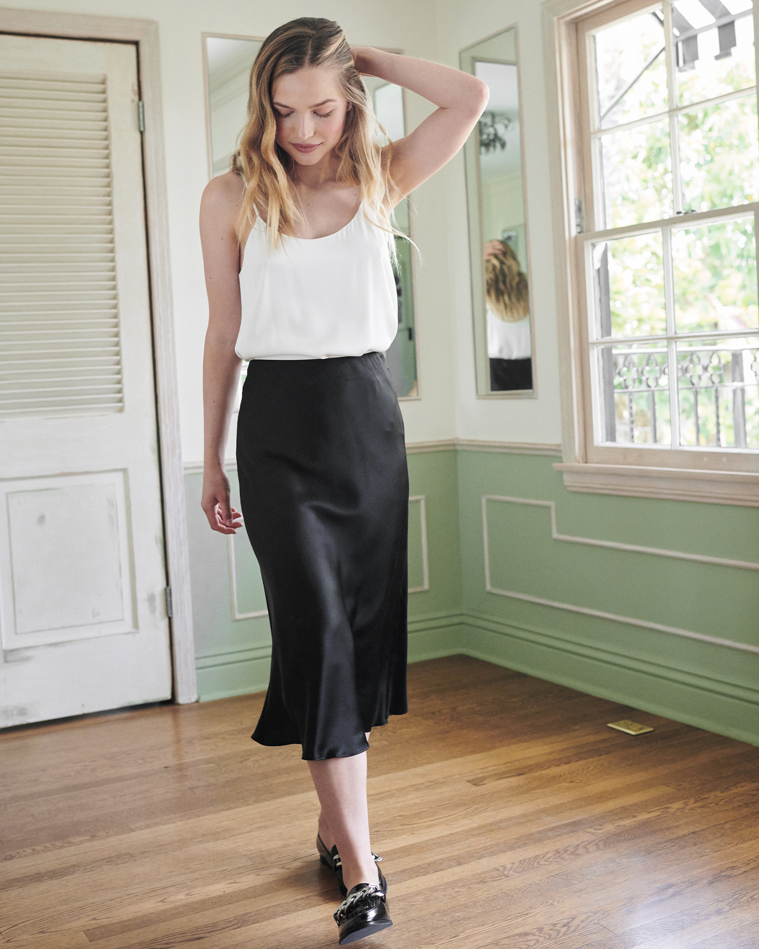 forest-green 100% Washable Silk Skirt — Image 74