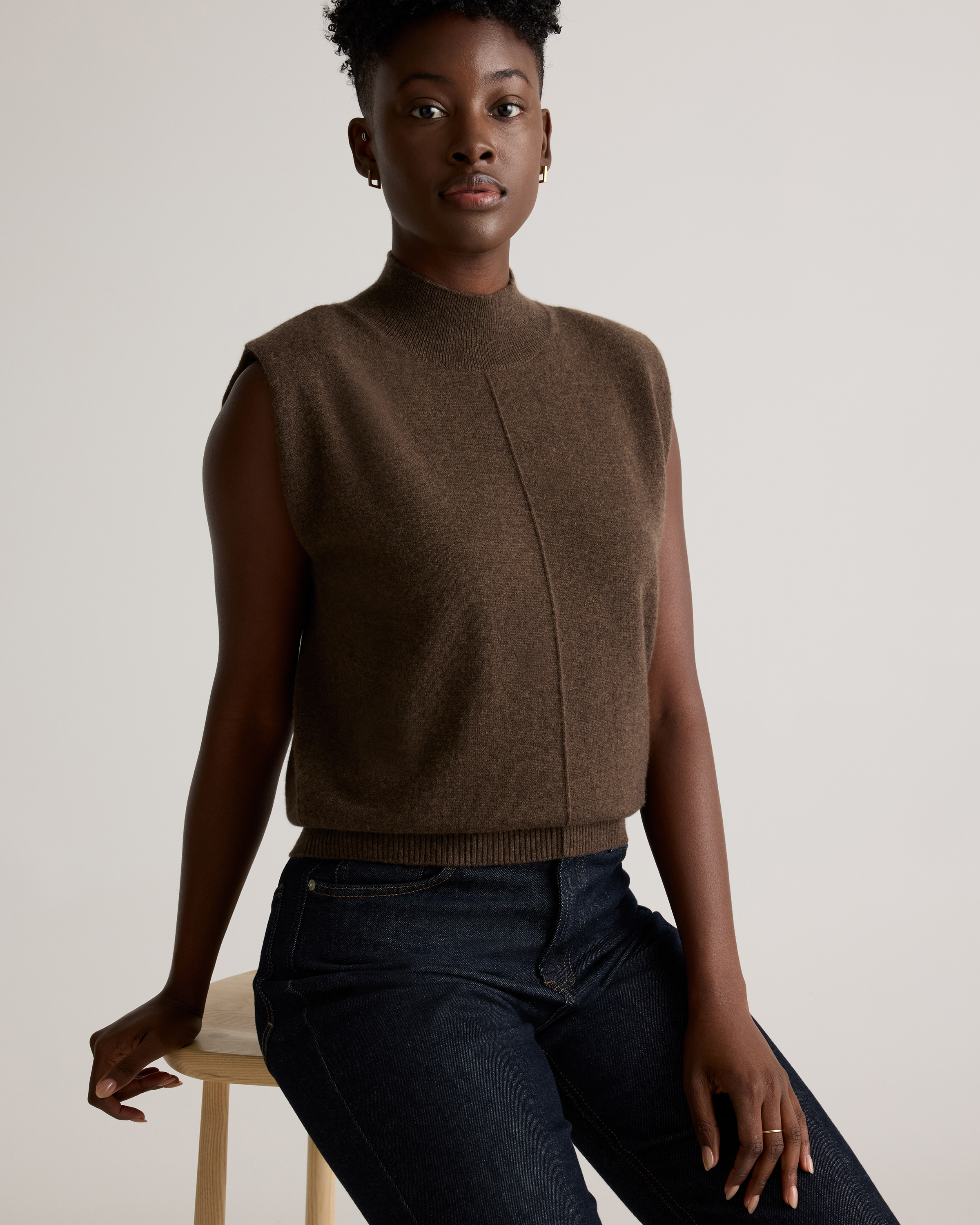 Mongolian Cashmere Padded-Shoulder Sweater Tank — Image 7