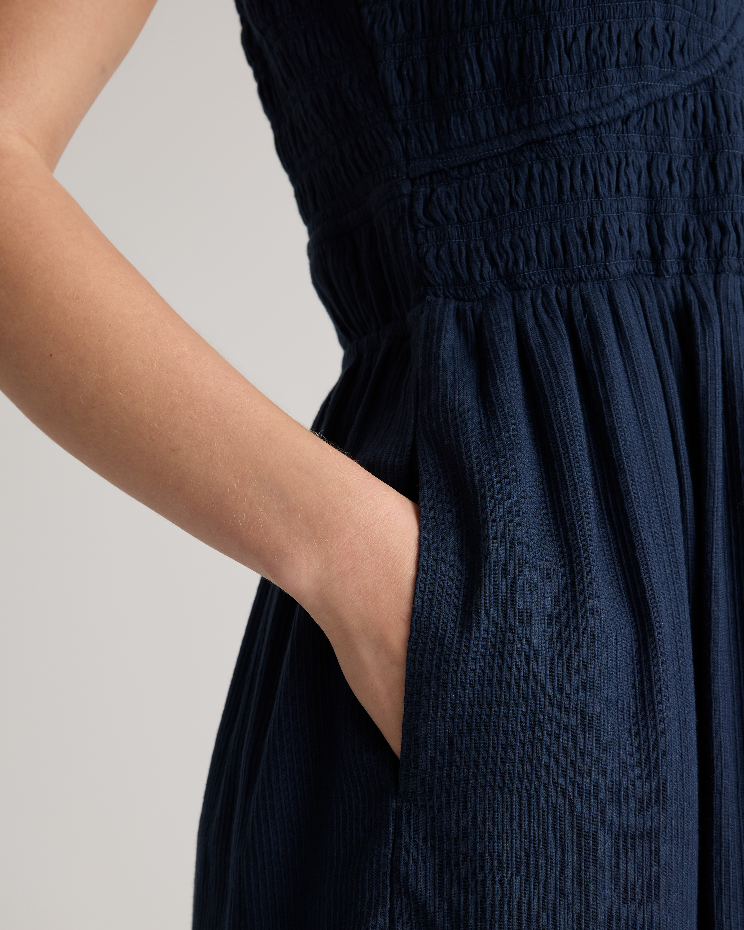 Organic Textured Cotton Smocked V-Neck Midi Dress — Image 3