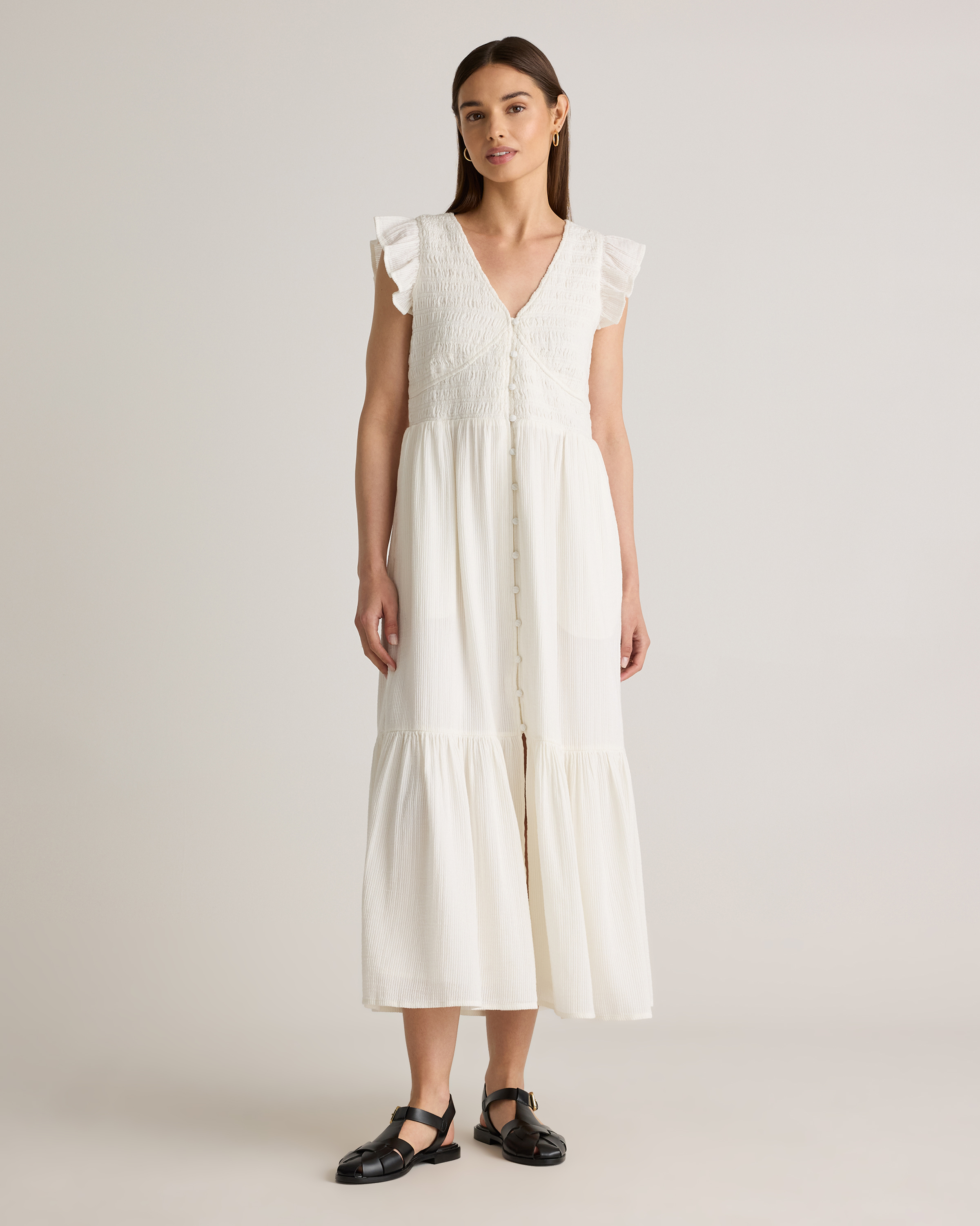 Organic Textured Cotton Smocked V-Neck Midi Dress — Image 9