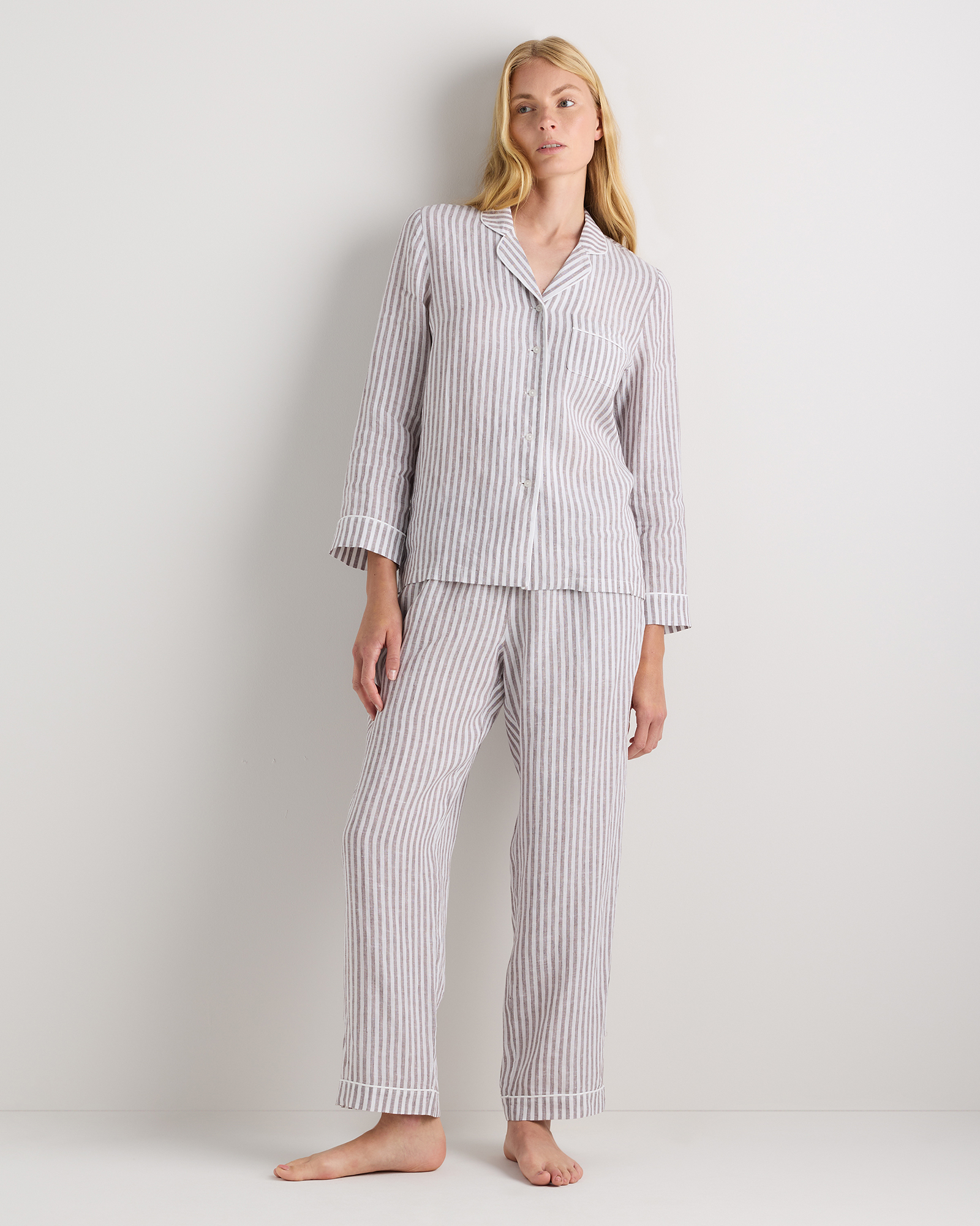 100% European Linen Long Sleeve Pajama Set with Piping — Image 32