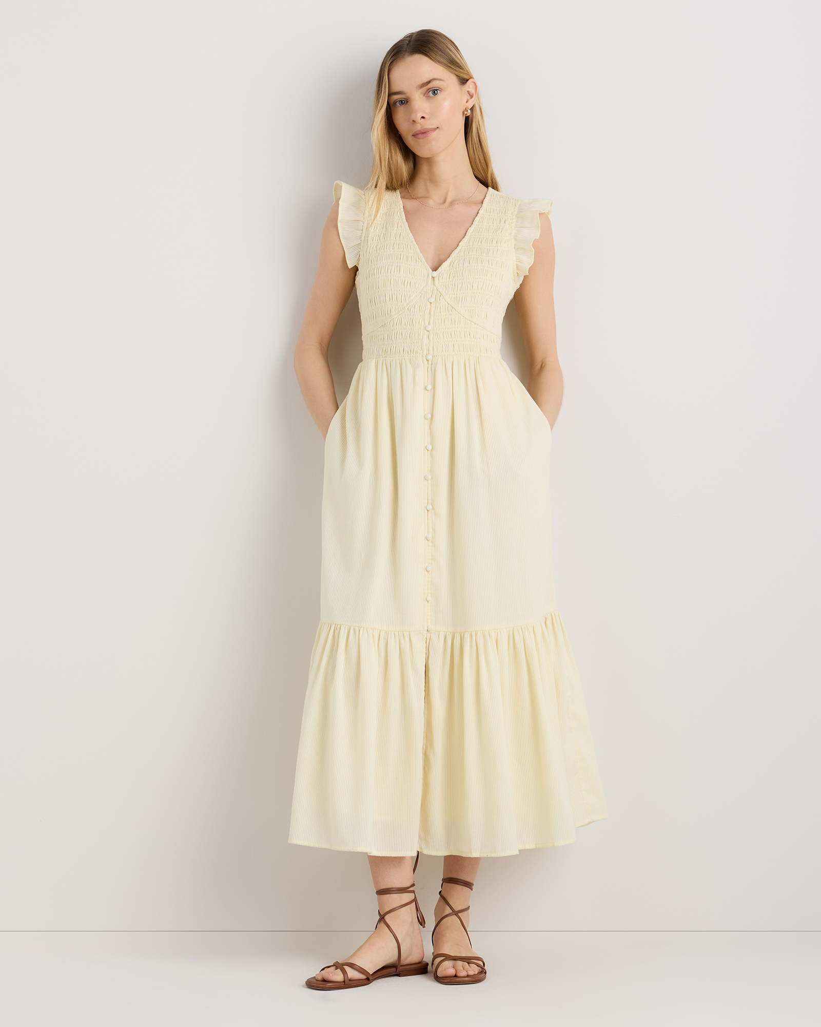 Organic Textured Cotton Smocked V-Neck Midi Dress — Image 14