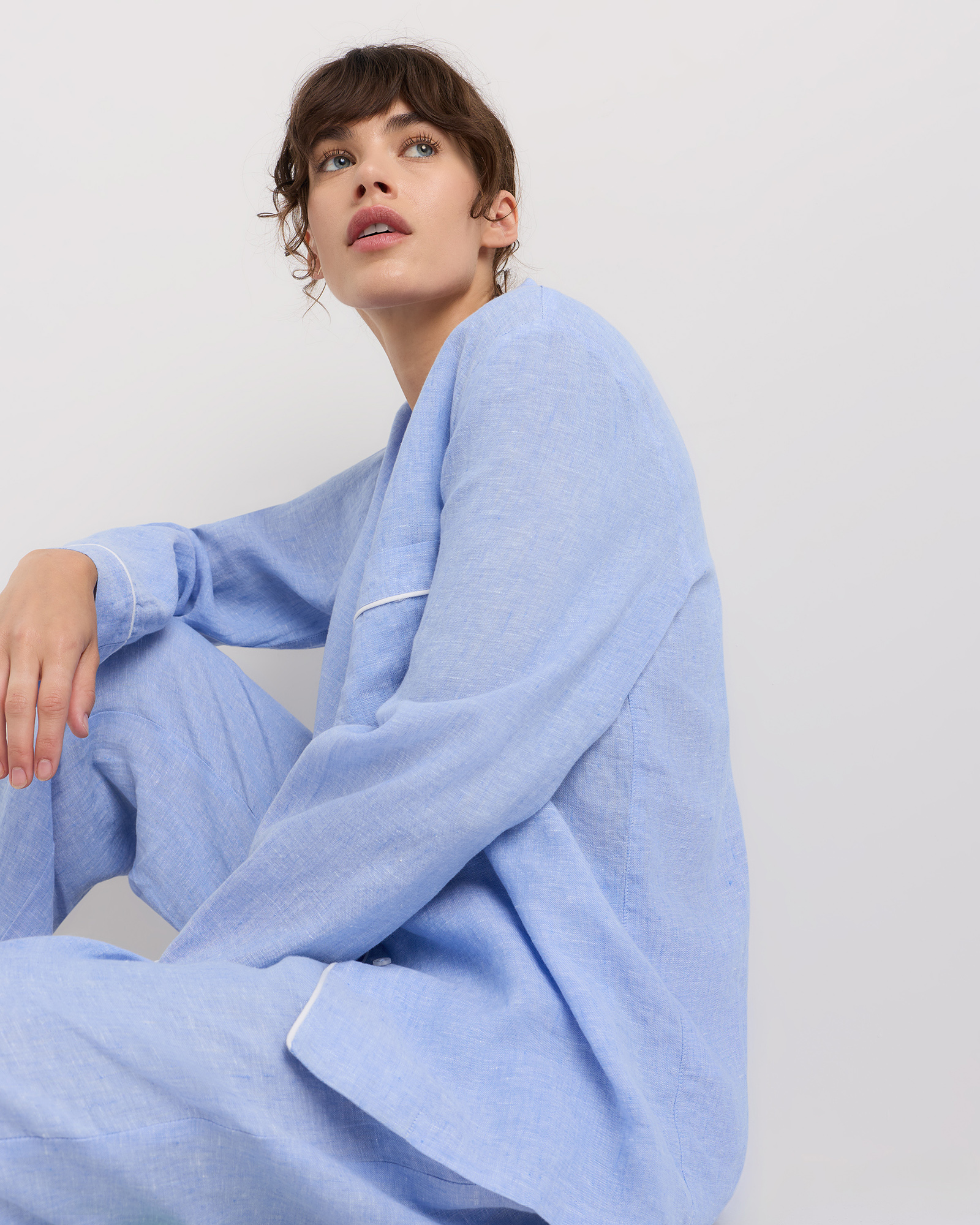 100% European Linen Long Sleeve Pajama Set with Piping — Image 30